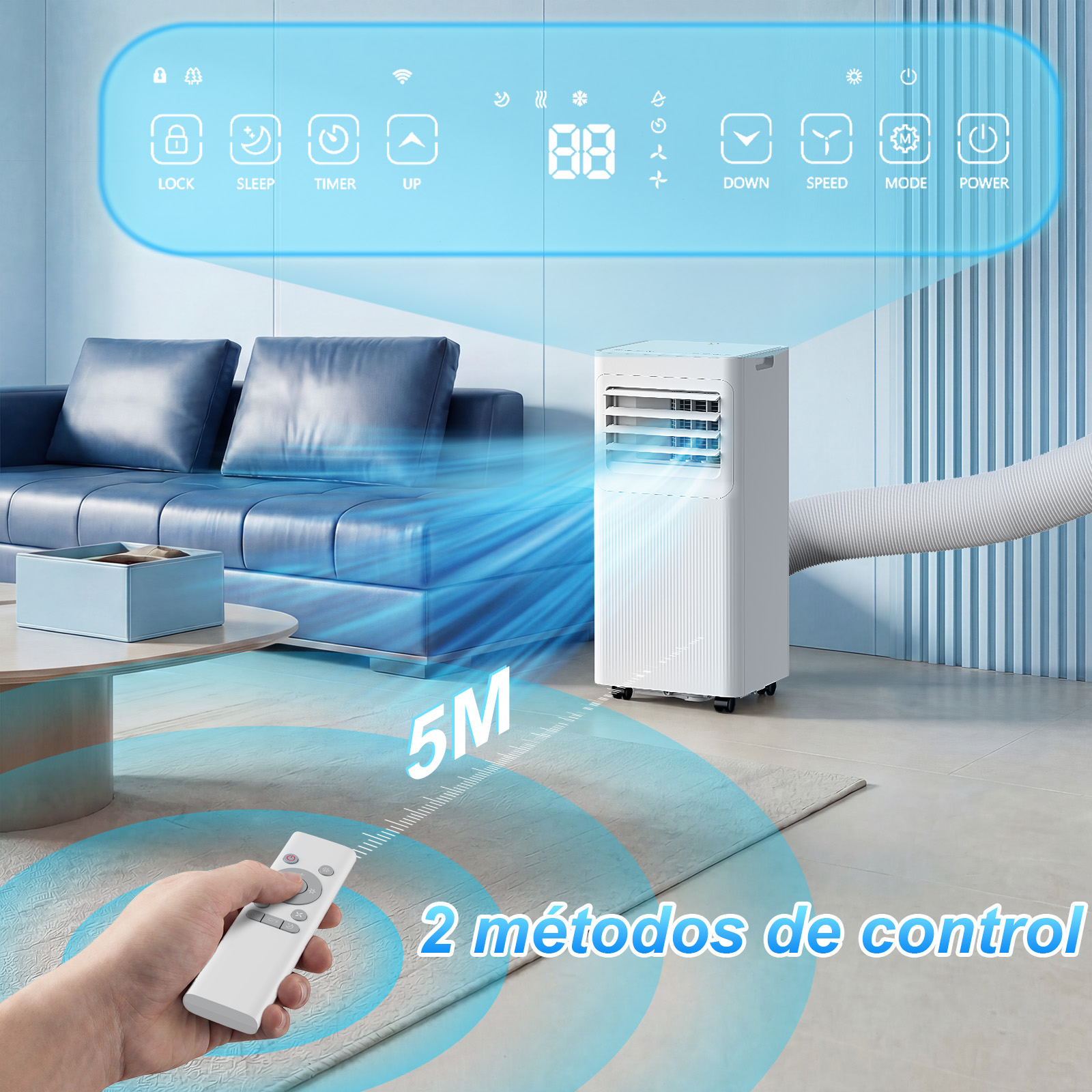 Un enfriador de aire acondicionado portátil blanco con control remoto en una sala.