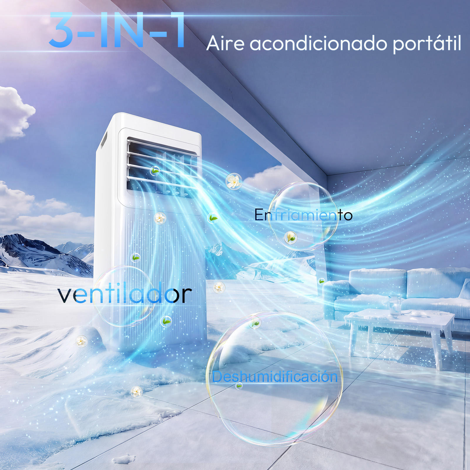 Un aire acondicionado/enfriador portátil blanco con corrientes de aire azules en un entorno nevado.