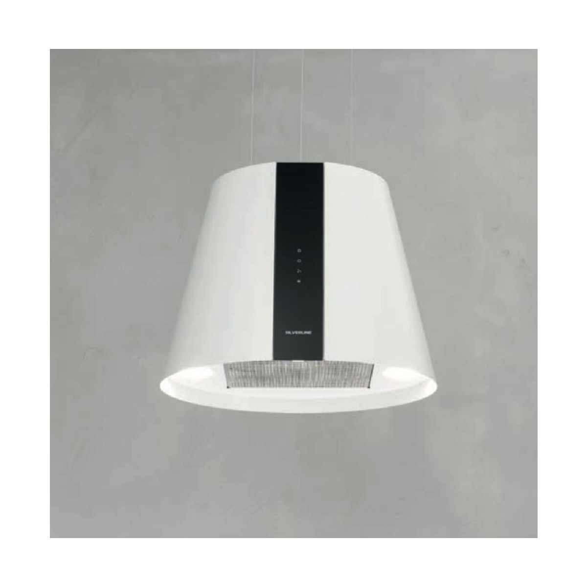 Una cappa da cucina bianca con striscia nera pende dal soffitto.