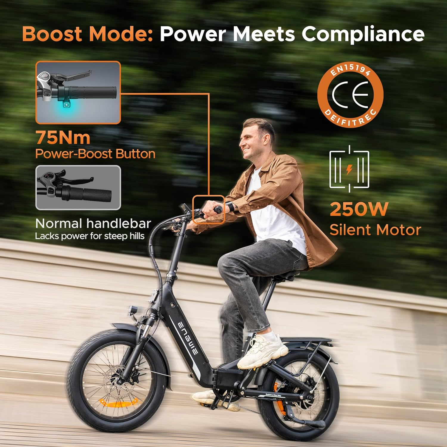 Un hombre monta una e-bike negra con modo boost de 75 Nm y motor silencioso de 250 W.