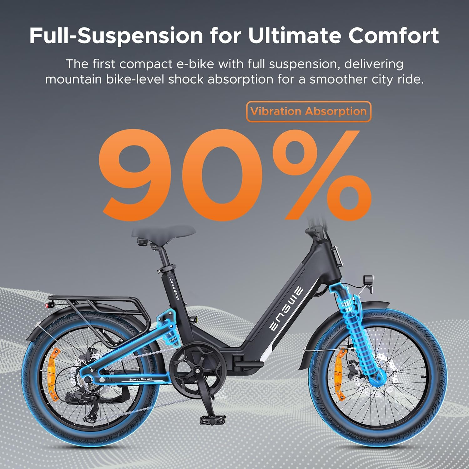 Bicicleta eléctrica negra con detalles de suspensión azul. Texto: 90% Absorción de vibración.