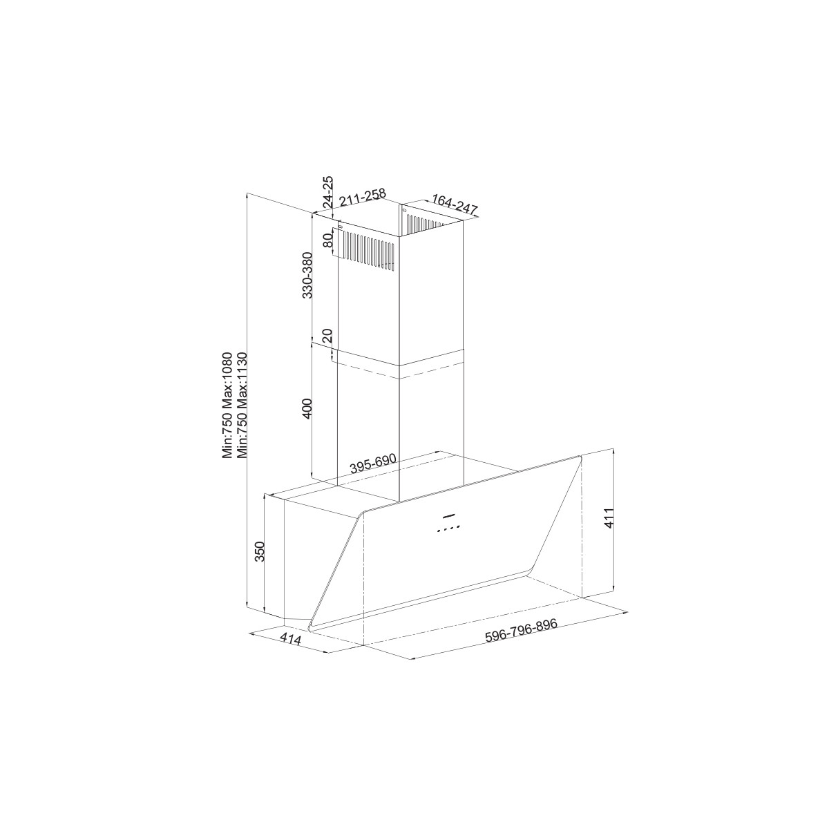 Disegno tecnico di una cappa aspirante con dimensioni.