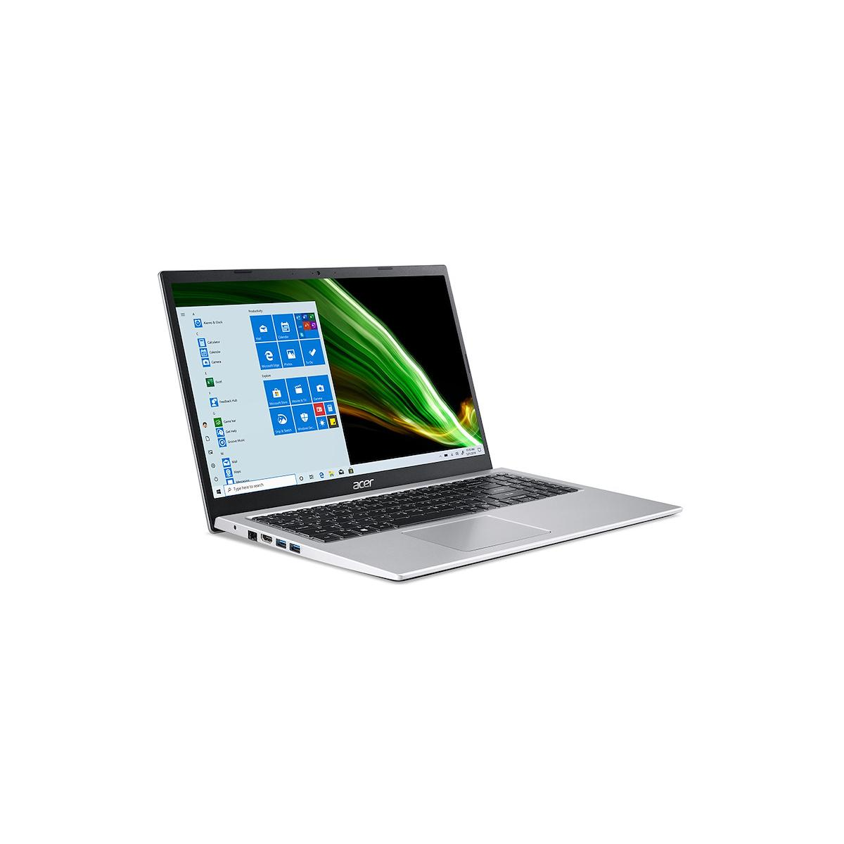 Laptop Acer argentato aperto, mostra menu Start Windows 10 e sfondo astratto verde.