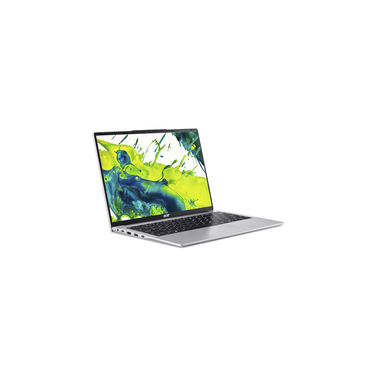 Un laptop argentato che mostra un'immagine di sfondo colorata e astratta.
