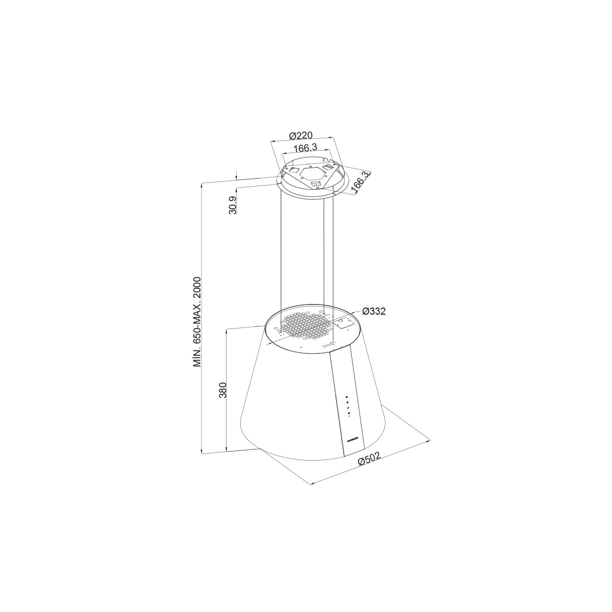 Disegno tecnico di una cappa aspirante con dimensioni.