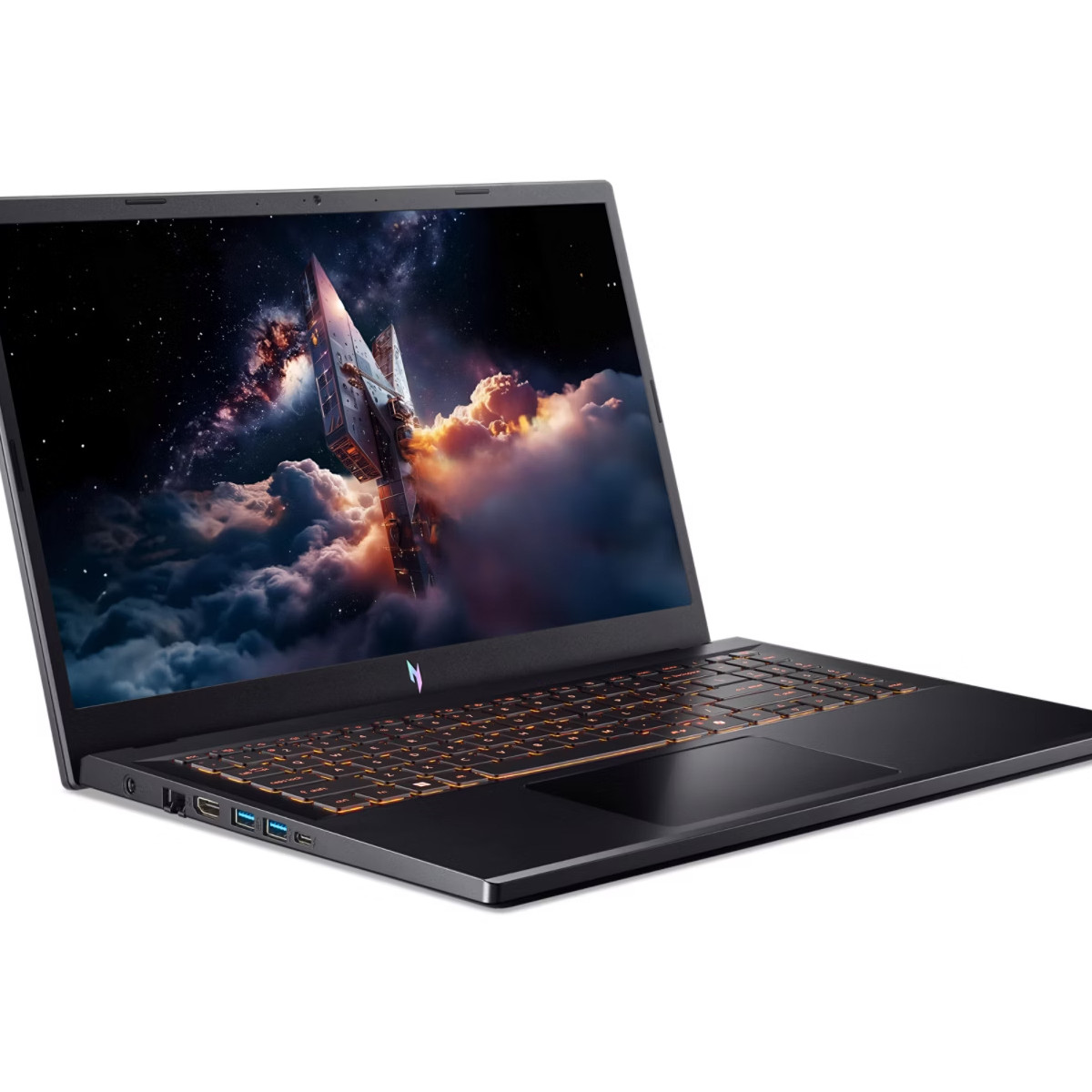Un laptop nero con uno sfondo spaziale raffigurante un'astronave.