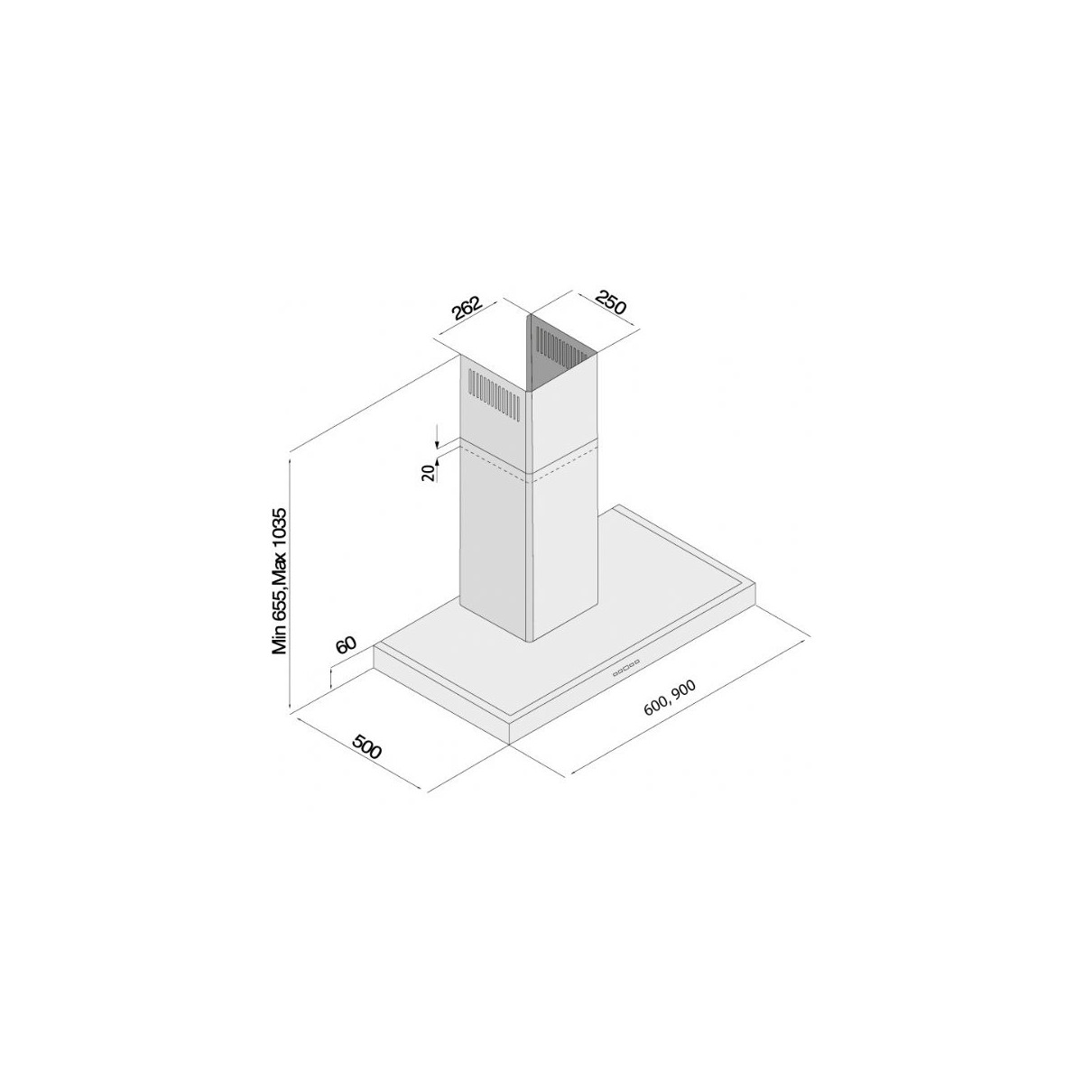 Disegno tecnico di una cappa da cucina con dimensioni.