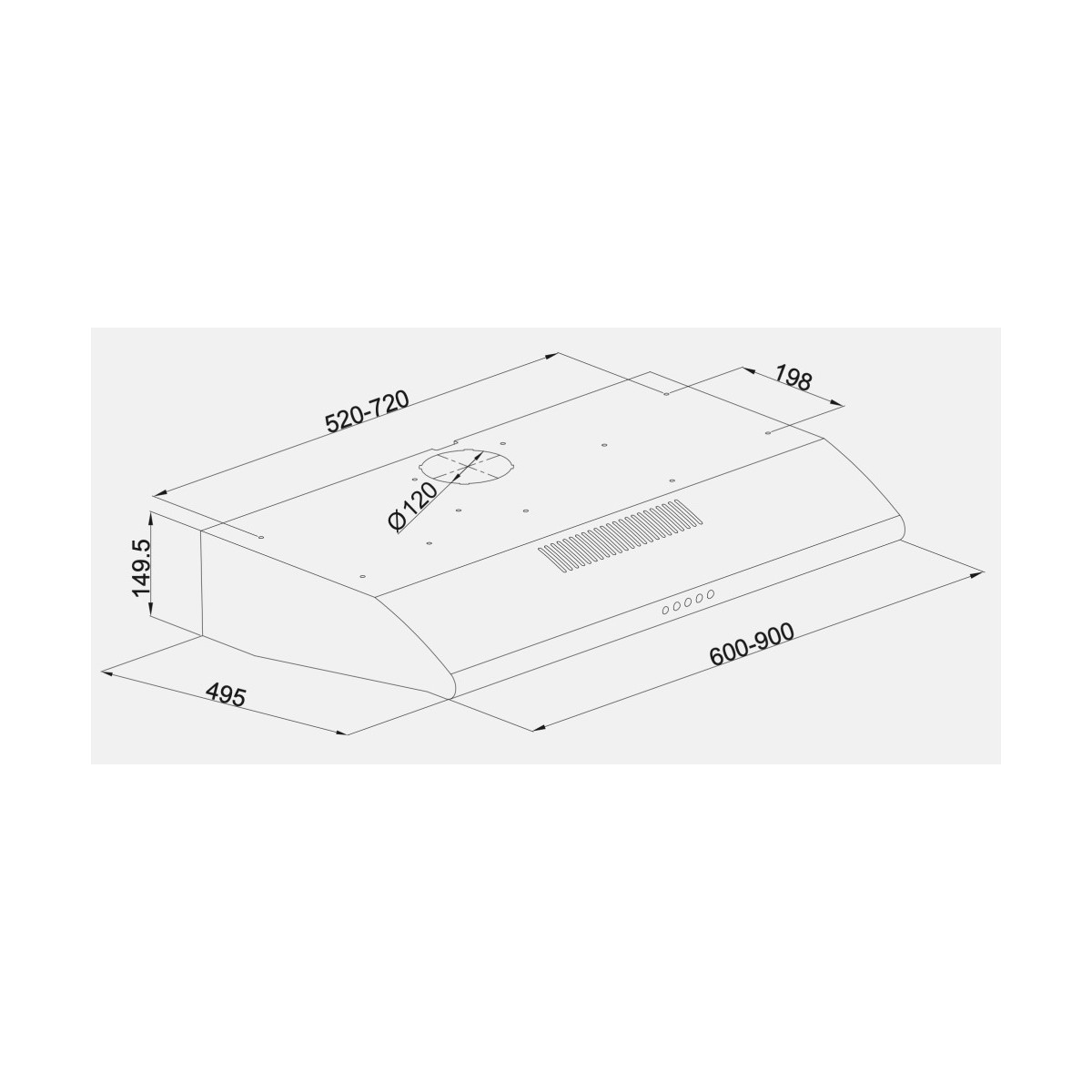 Disegno tecnico di una cappa da cucina con dimensioni.