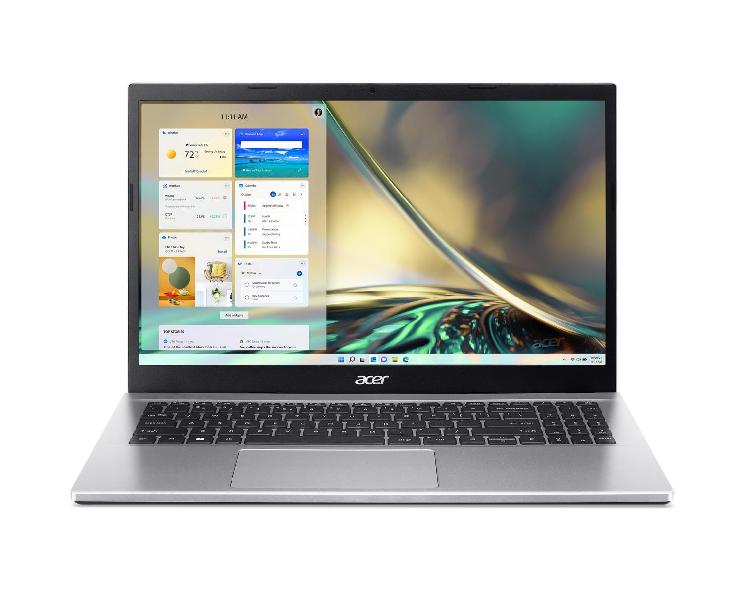 Un laptop Acer argentato con schermo aperto, che mostra i widget.