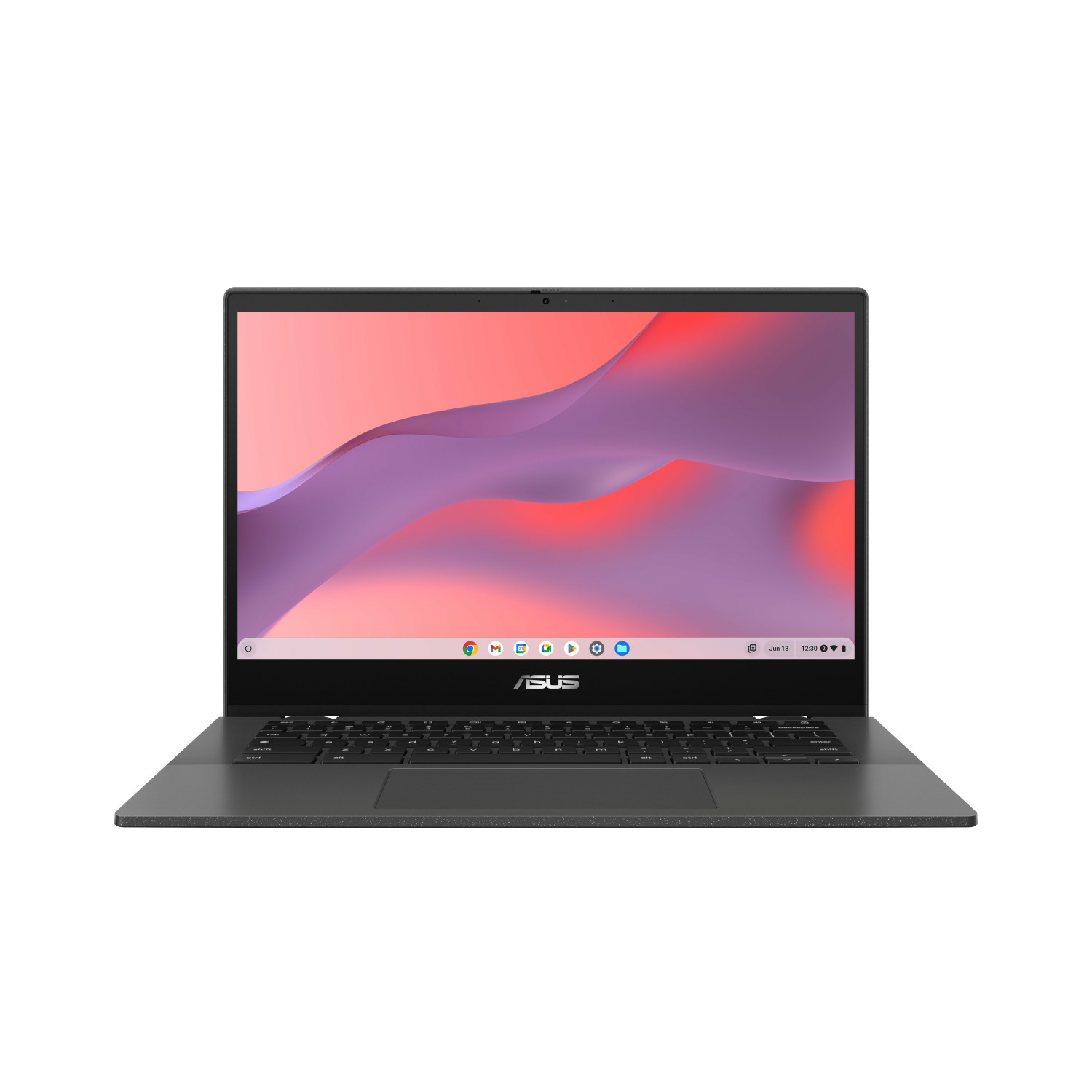 Un laptop Asus grigio scuro chiuso con uno sfondo astratto colorato sullo schermo.