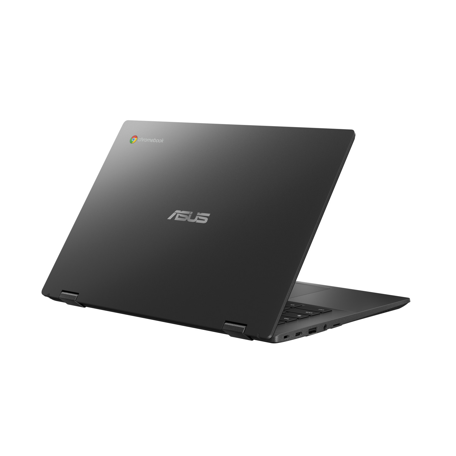 Chromebook ASUS nero con coperchio aperto, tastiera e porte visibili.