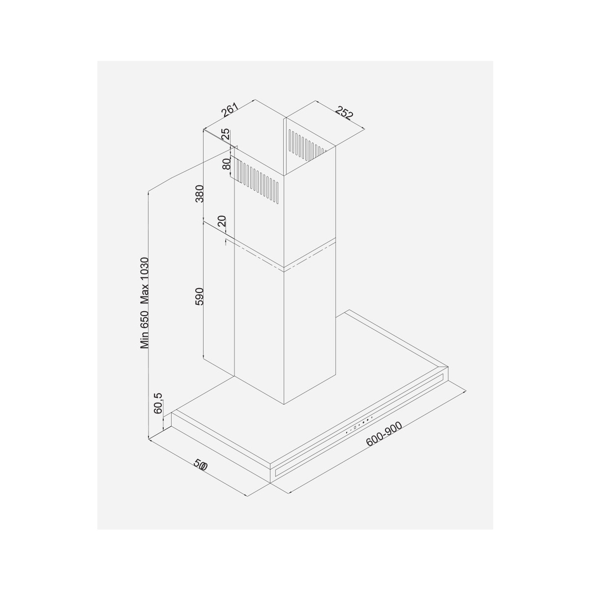 Disegno tecnico di una cappa da cucina con dimensioni. Mostra misure di altezza, larghezza e profondità.