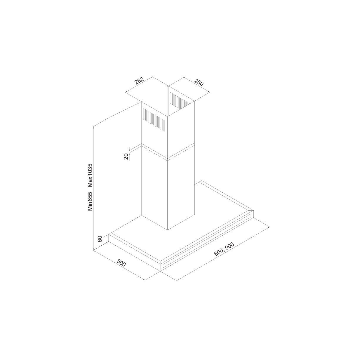 Disegno tecnico di una cappa aspirante con dimensioni.