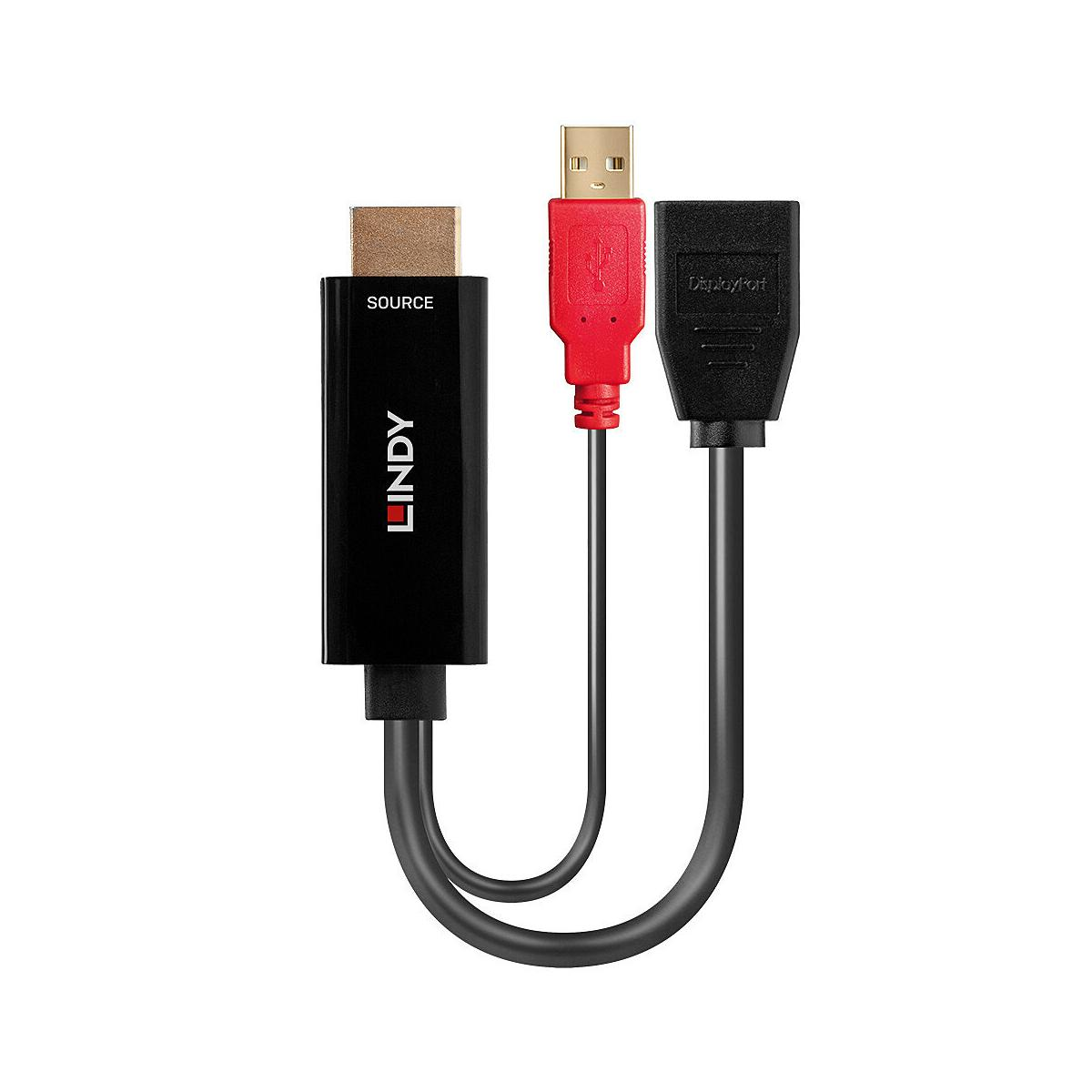 Ein schwarzer Lindy-Adapter mit HDMI-, USB-A- und DisplayPort-Anschlüssen.