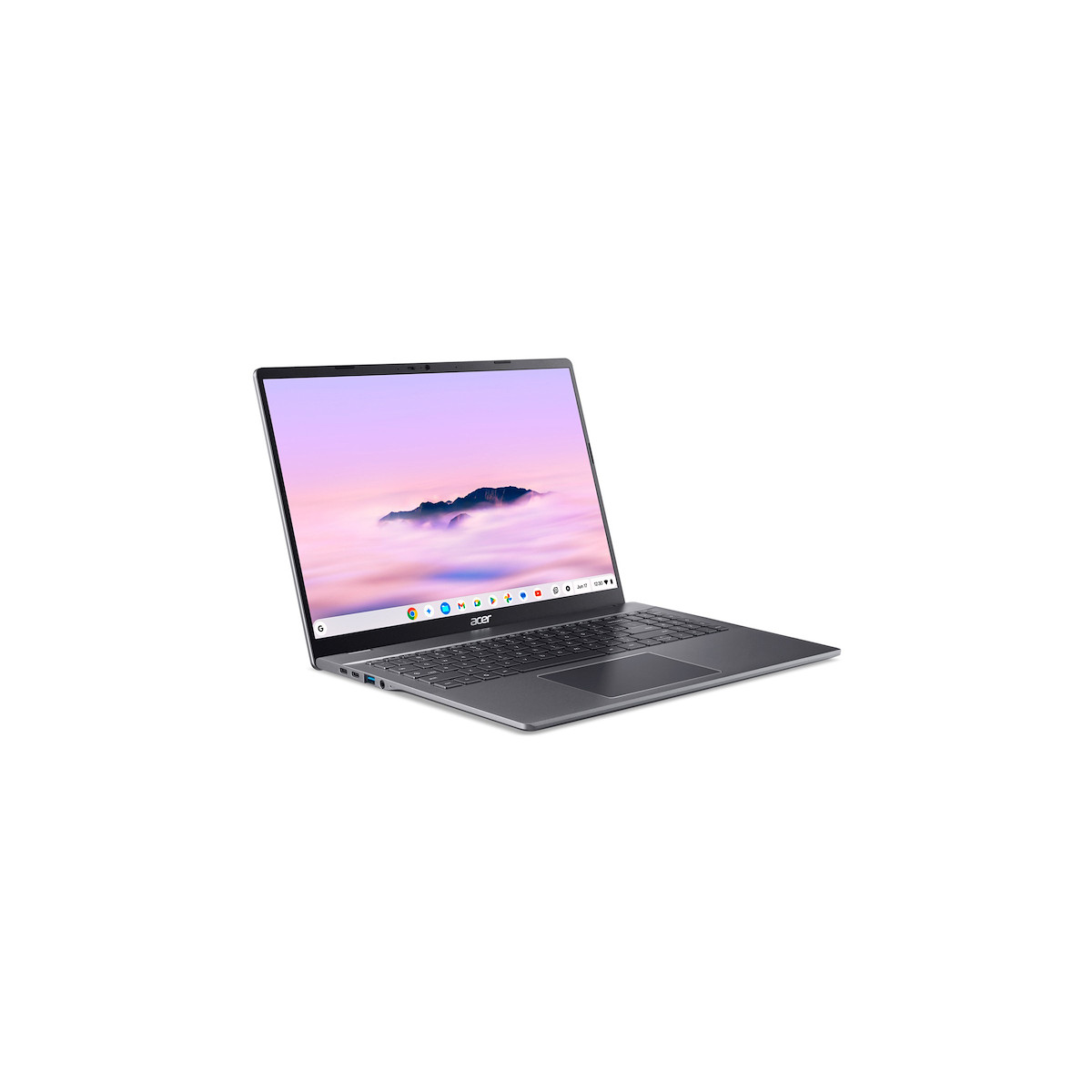 Un Acer Chromebook grigio con schermo aperto, che mostra un paesaggio di nuvole.