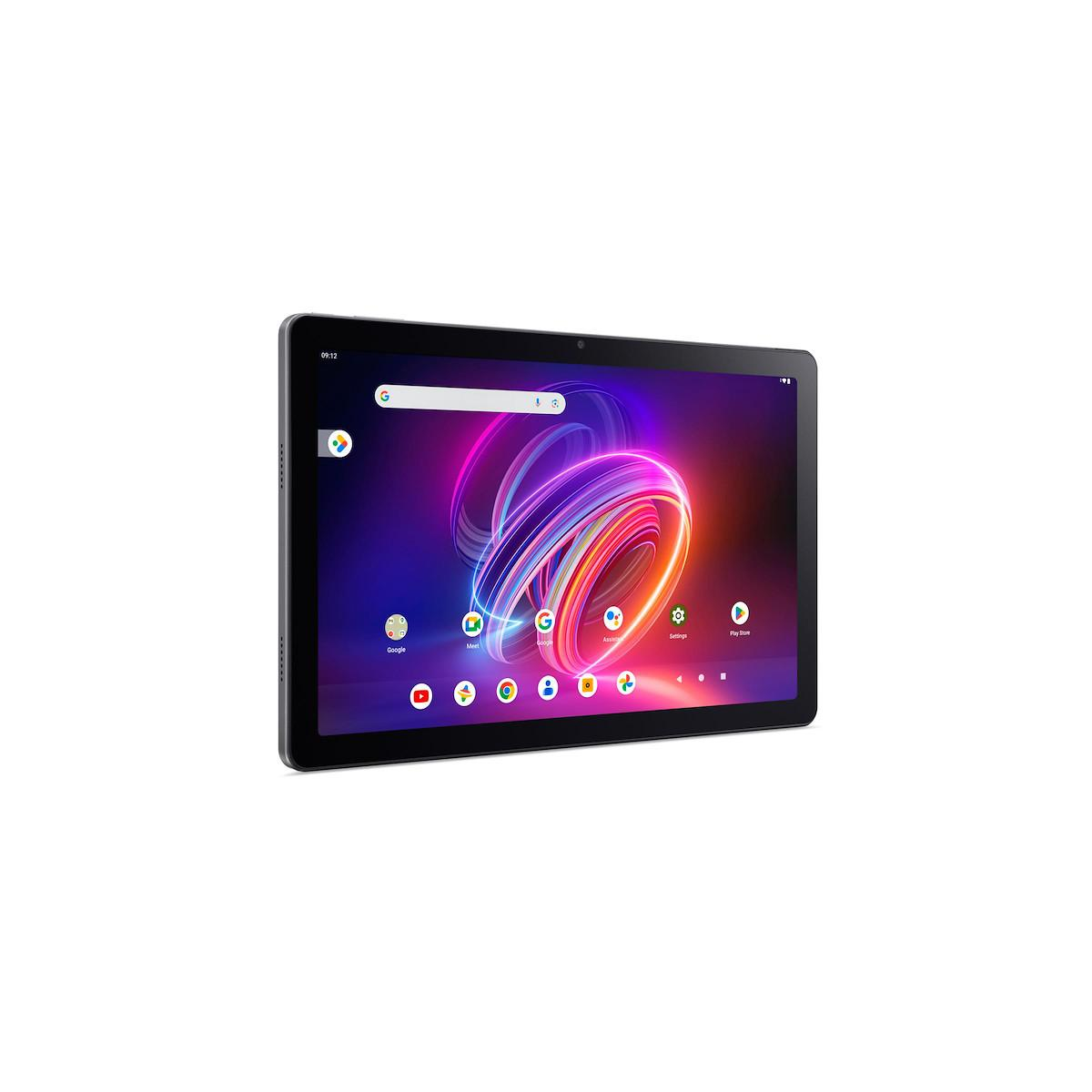 Una tablet negra que muestra un fondo de pantalla colorido con iconos de aplicaciones.
