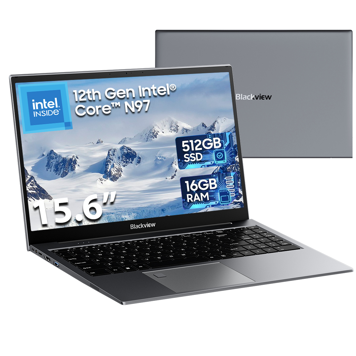 Un laptop grigio aperto da 15,6 pollici, Intel Core N97 12a gen, SSD da 512 GB, RAM da 16 GB.