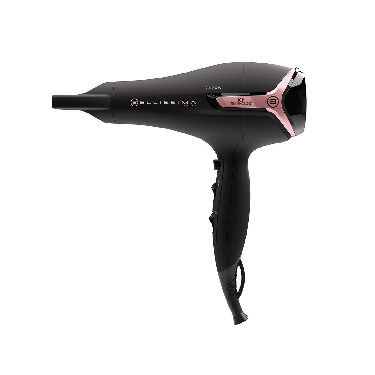 Een zwarte Bellissima haardroger met roségouden accenten en 2300W ionentechnologie.