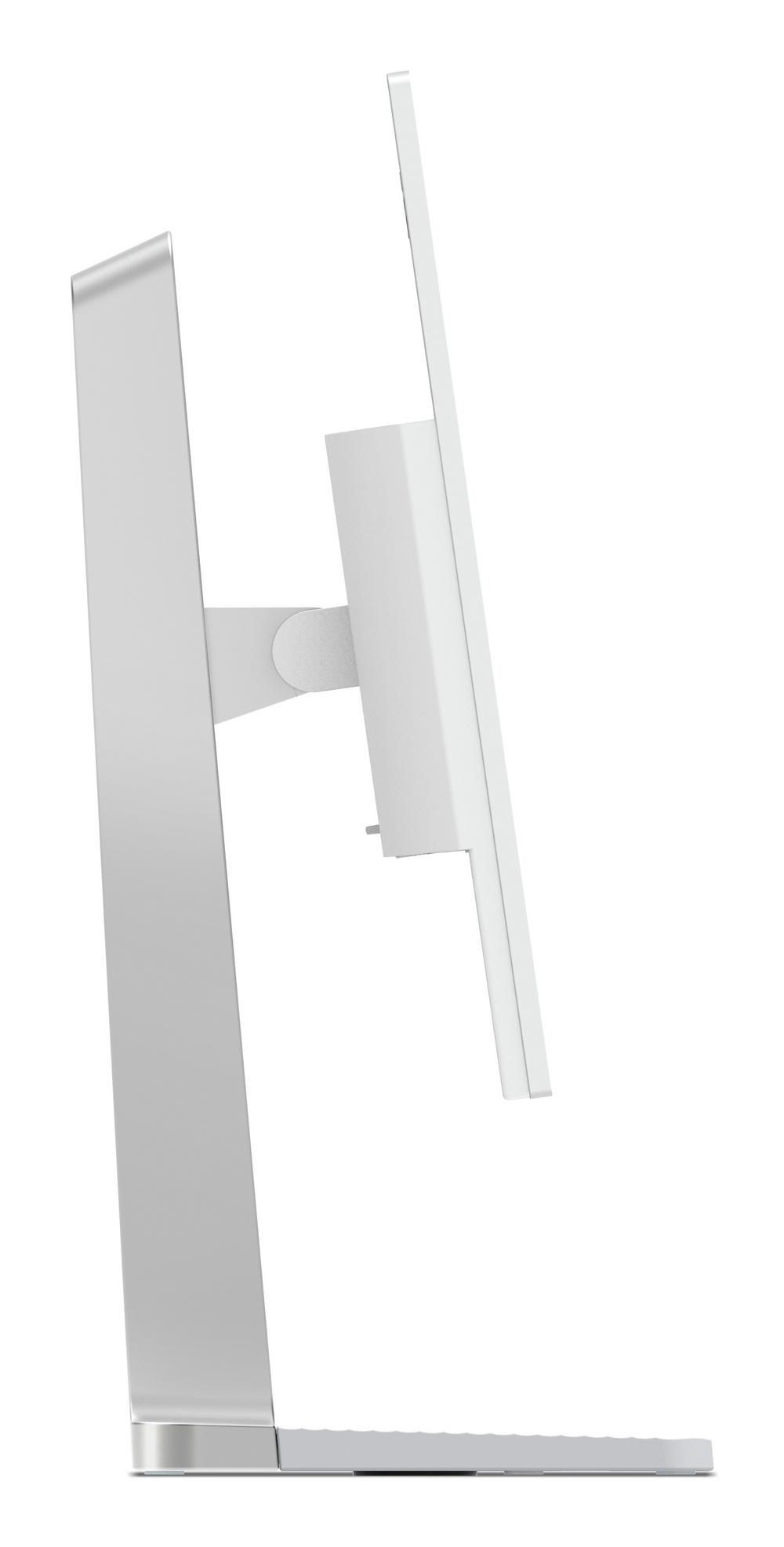Un monitor di computer argentato su sfondo bianco, vista laterale.