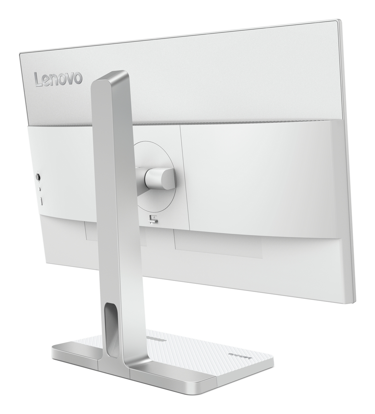 Vista posteriore di un monitor Lenovo bianco con supporto argentato su sfondo bianco.