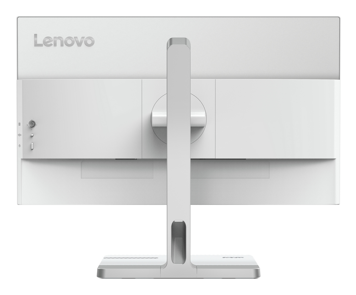 Retro di un monitor Lenovo bianco con supporto argento e pulsanti di controllo.