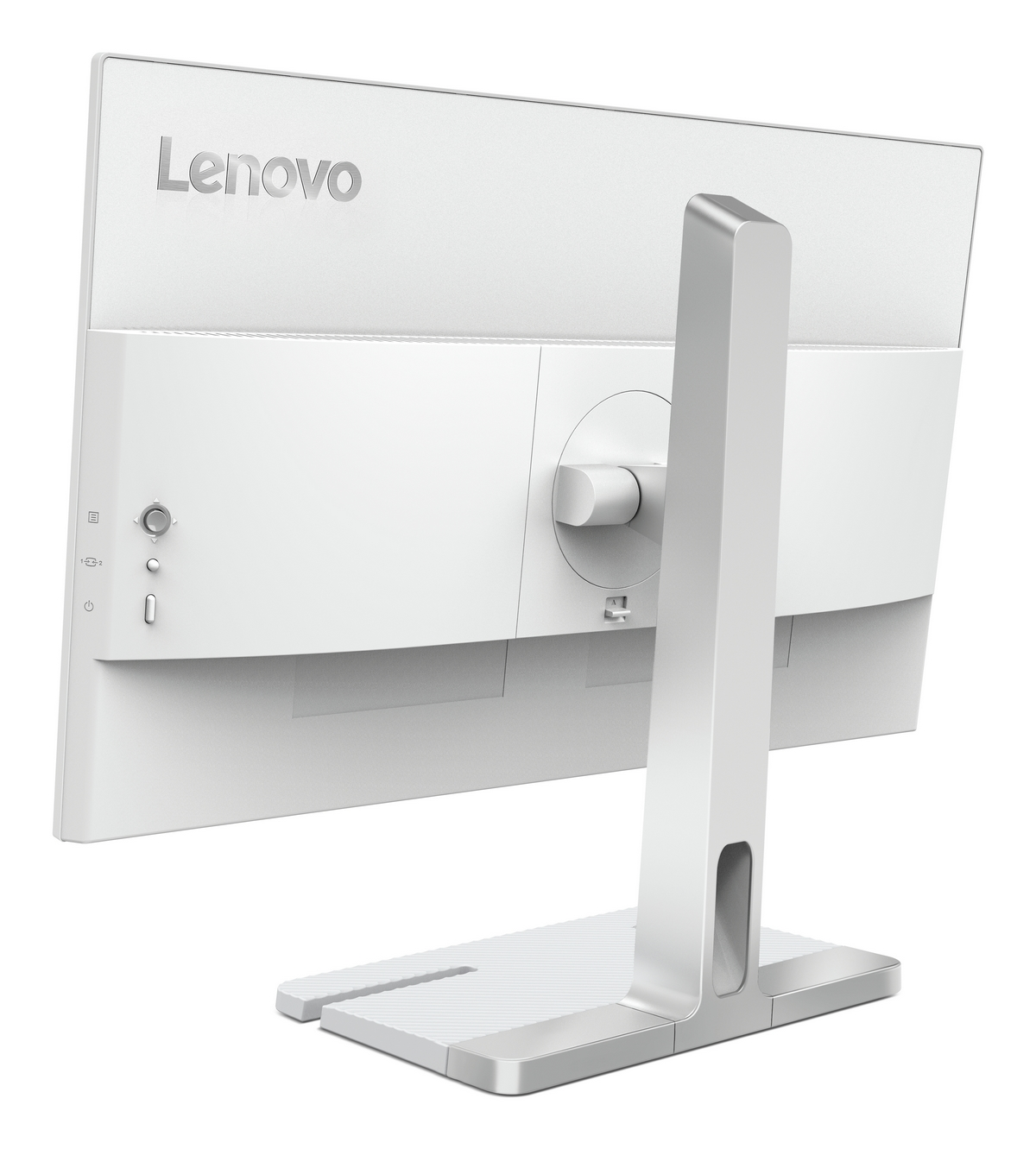 Retro di un monitor Lenovo bianco con supporto argentato e pulsanti.