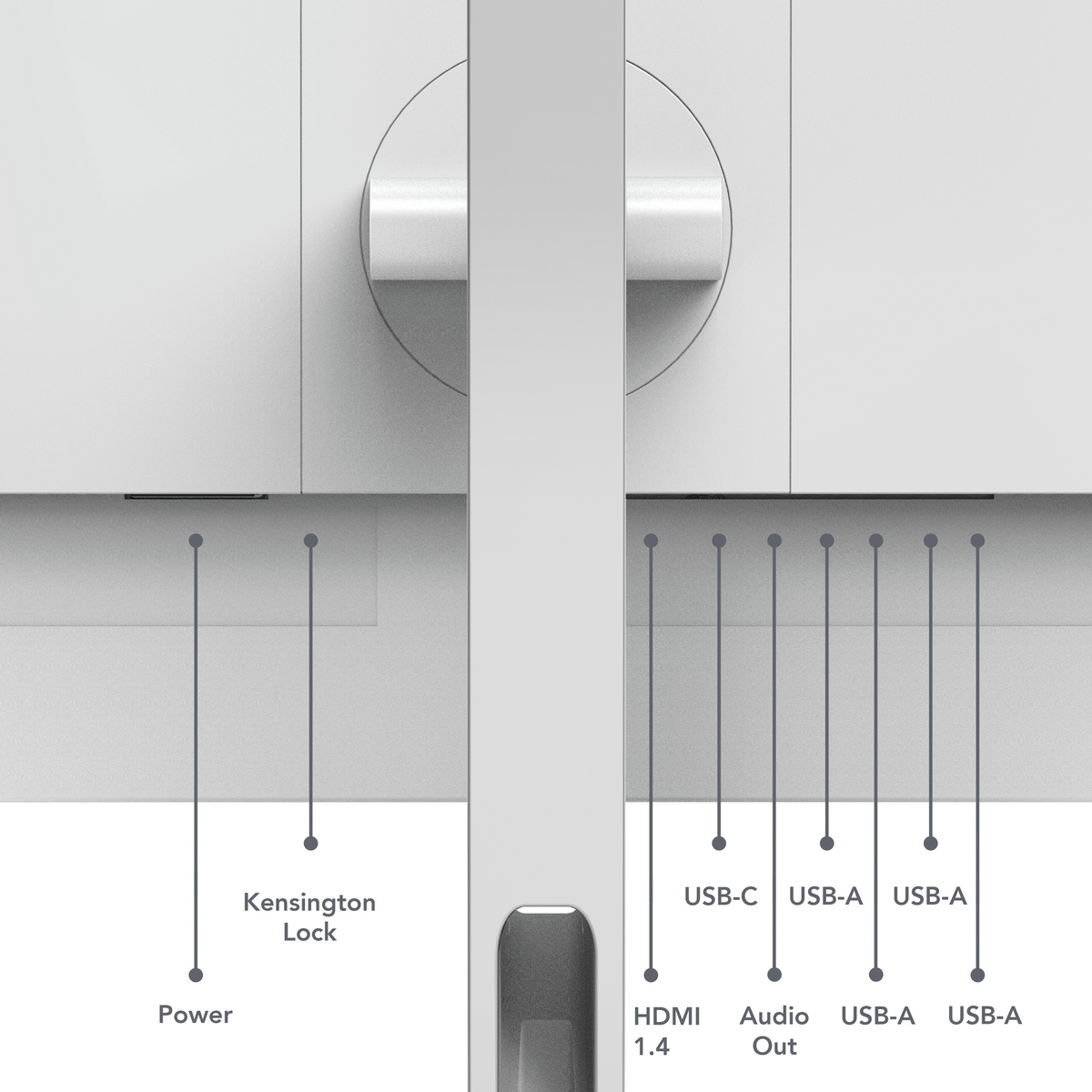 Porte: Alimentazione, Kensington, USB-C, HDMI, Uscita Audio, più USB-A.