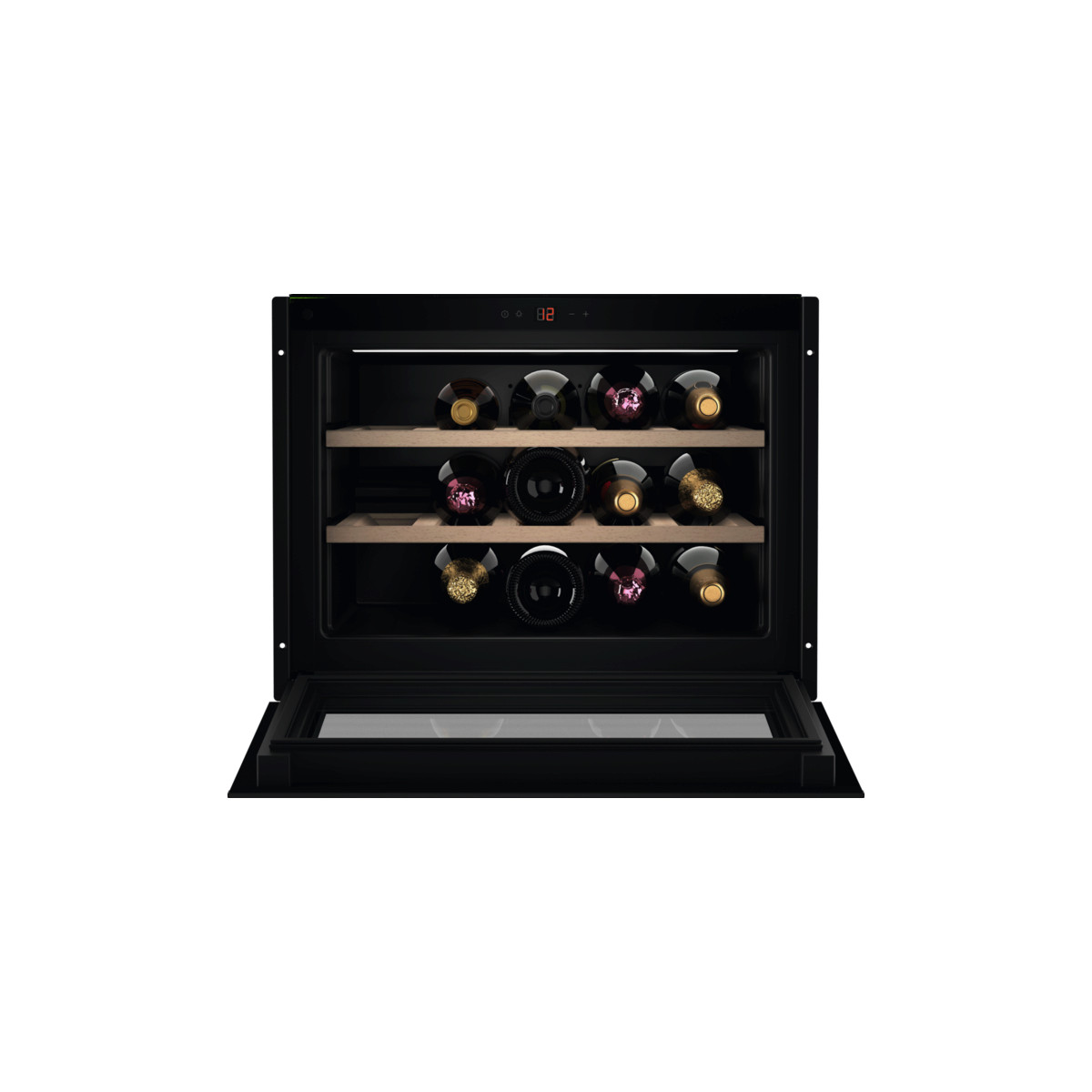 Un refrigeratore per vino nero con porte aperte, riempito con undici bottiglie di vino.