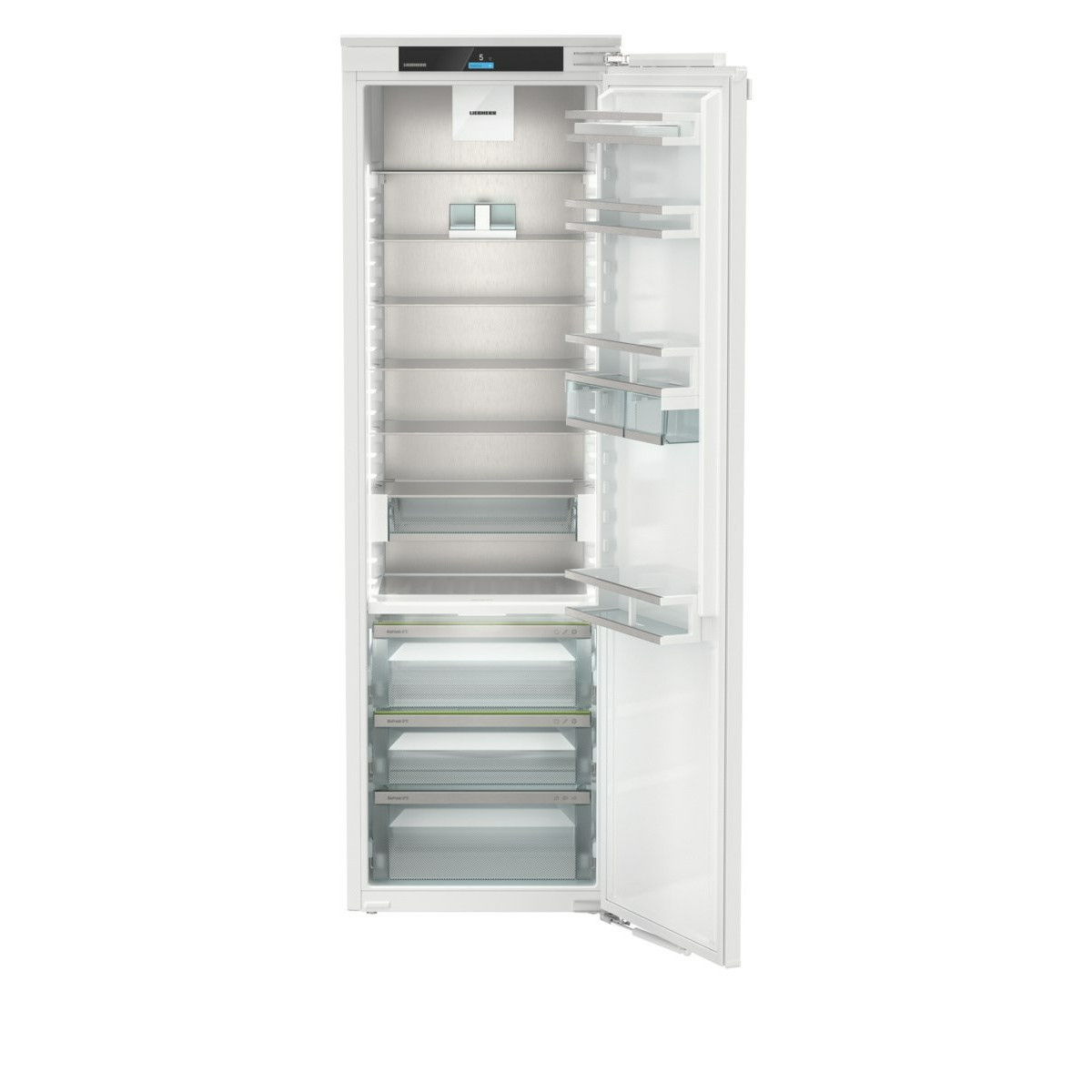 Refrigerador Liebherr blanco abierto con estantes de cristal y cajones.