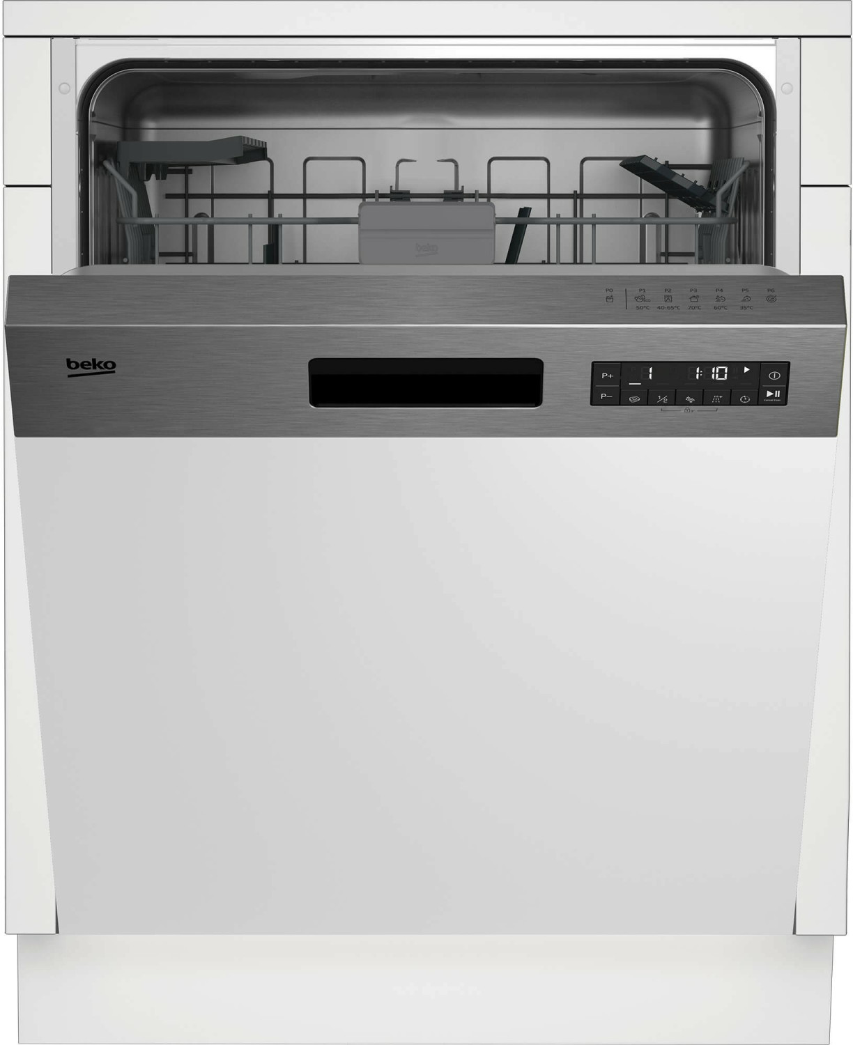 Lavastoviglie Beko aperta con interno in acciaio inox, cestelli e pannello digitale.