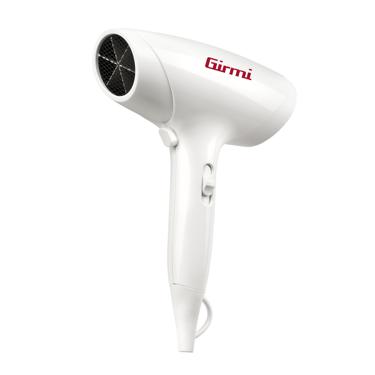 Een witte Girmi haardroger met rood logo, op een witte achtergrond.