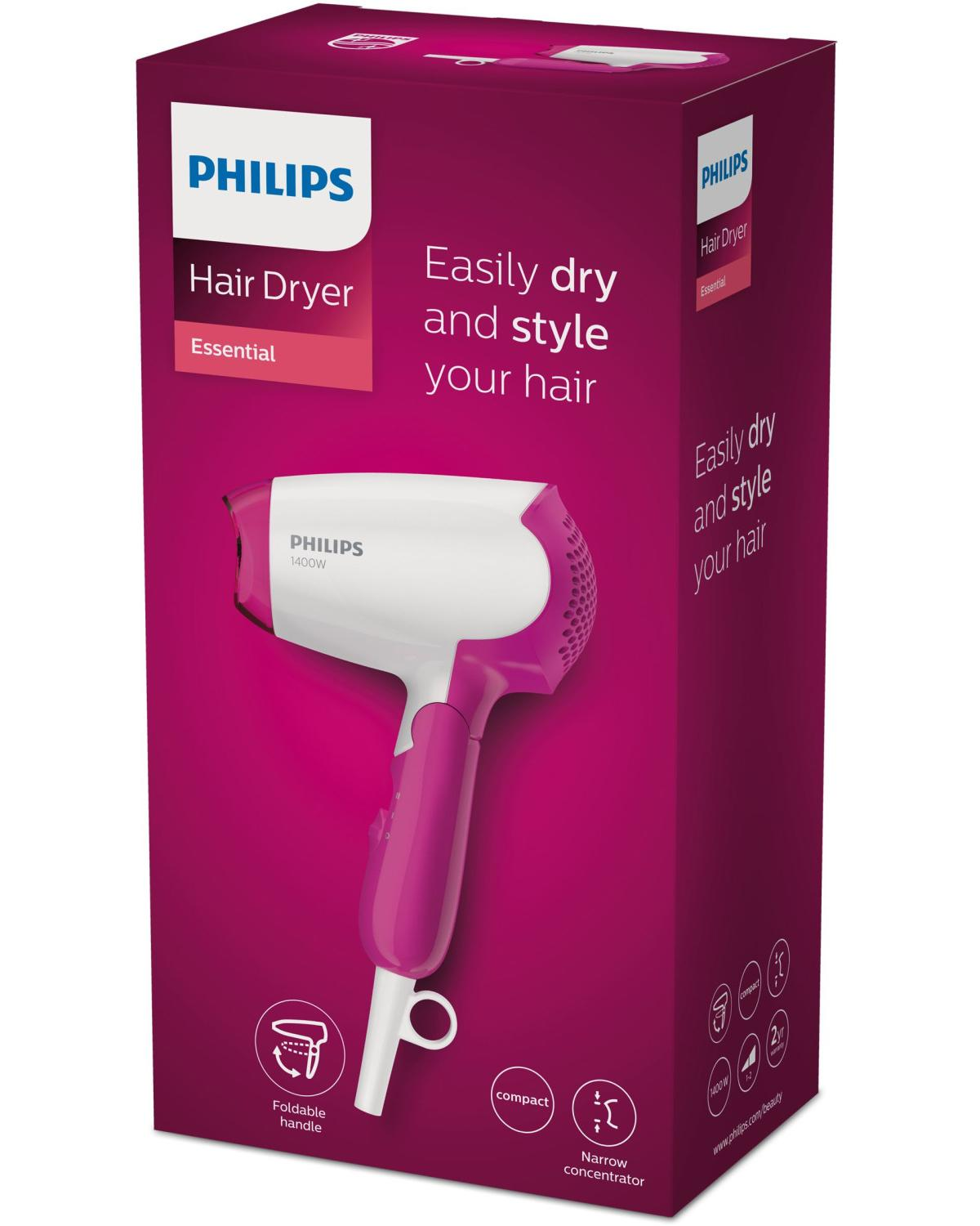 Caja rosa y blanca de secador de pelo Philips con imagen y texto.