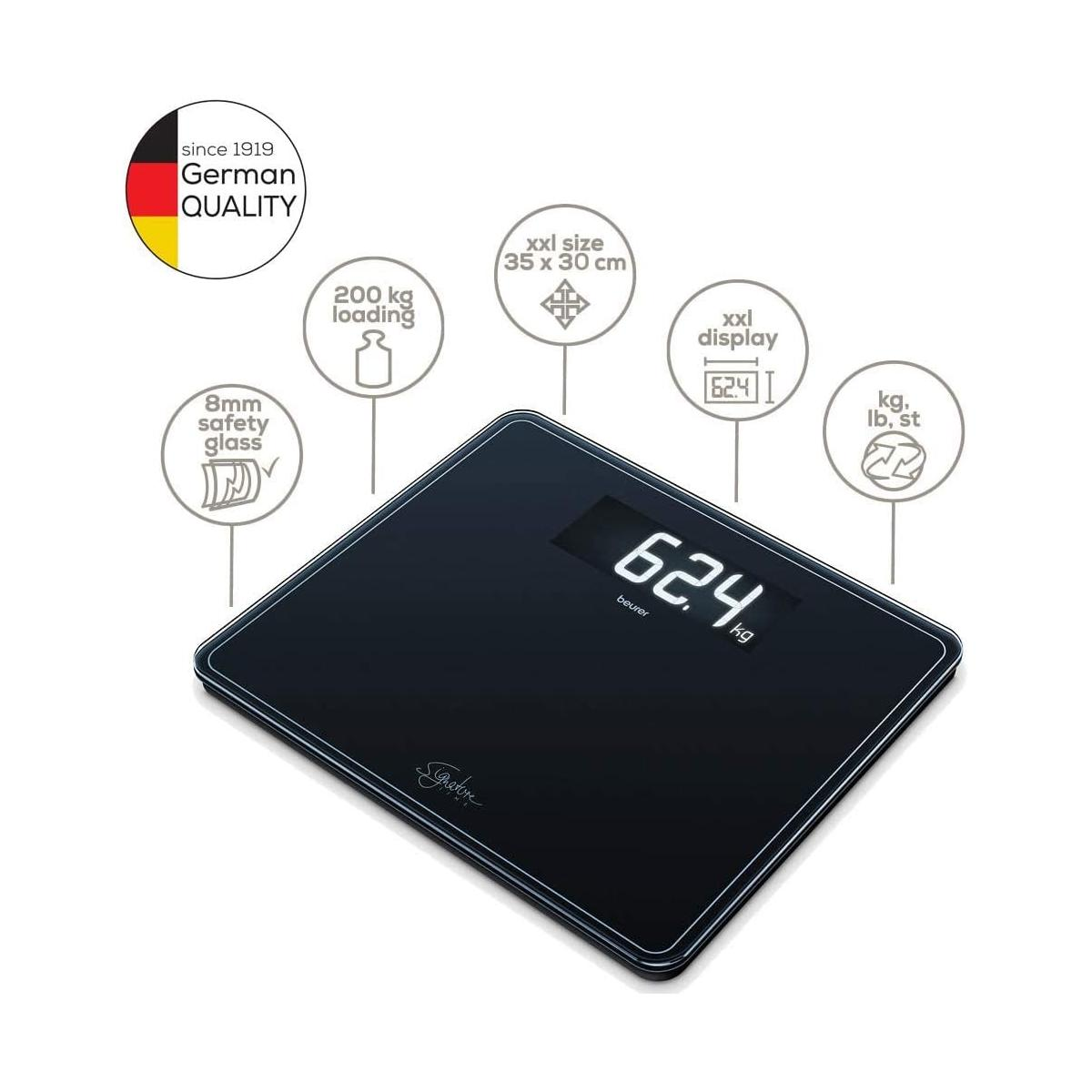 Schwarze digitale Waage mit "German Quality" Logo und Infos zu 200kg Kapazität.