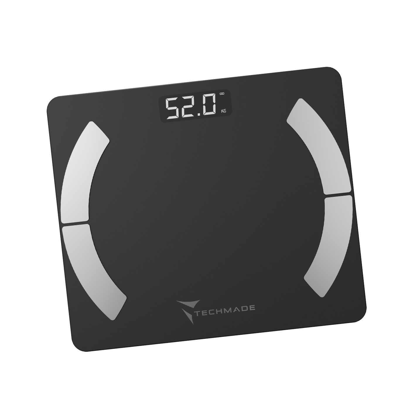 Bilancia digitale nera con accenti argentati e display da 52,0 kg.