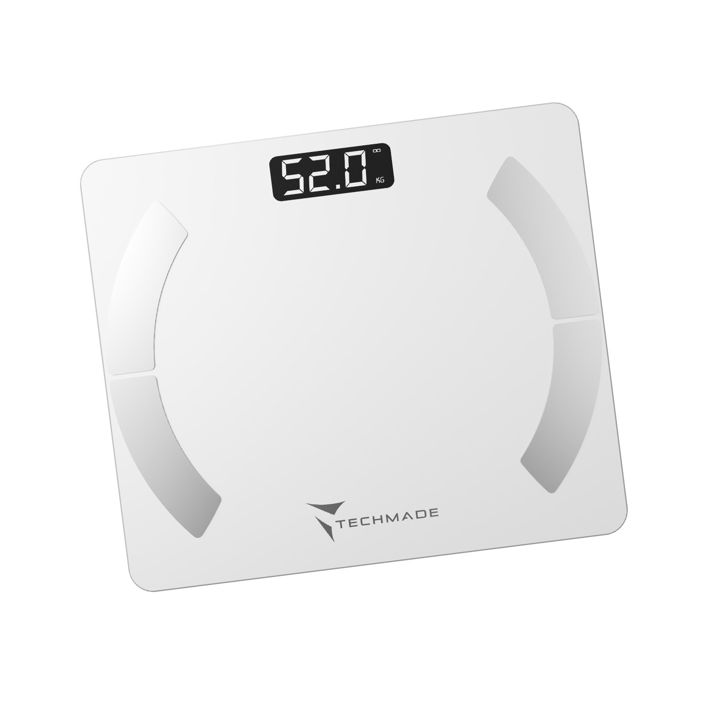 Bilancia digitale bianca mostra 52,0 kg. Il logo TECHMADE è sul display.