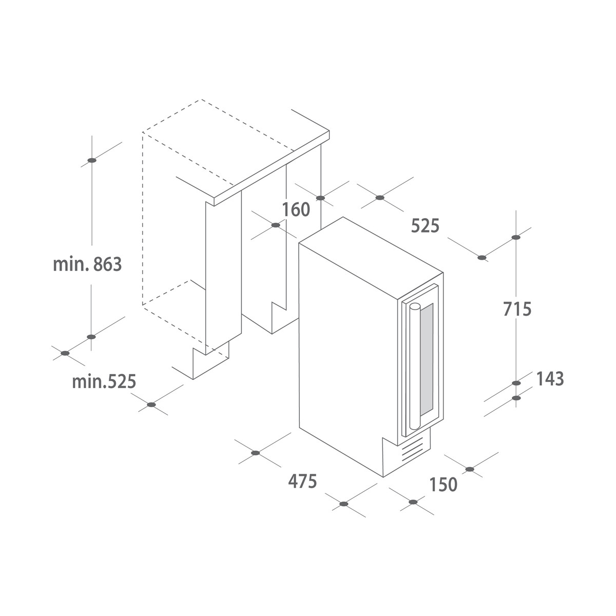 Disegno tecnico di un frigorifero da incasso con dimensioni.