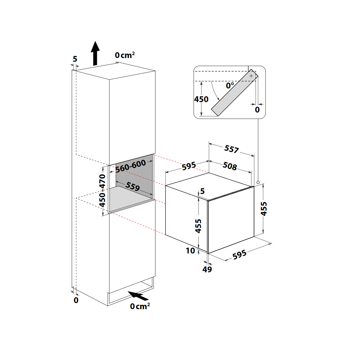 Disegno tecnico di un forno da incasso con dimensioni e angoli.