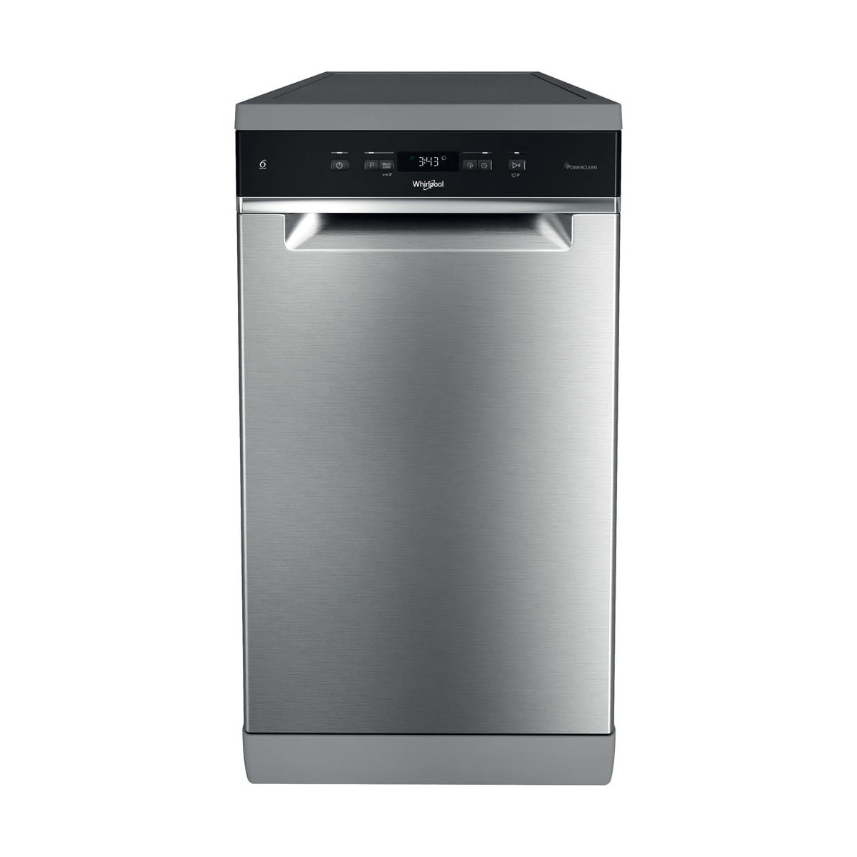 Una lavastoviglie Whirlpool argentata con display digitale che mostra 3:43.