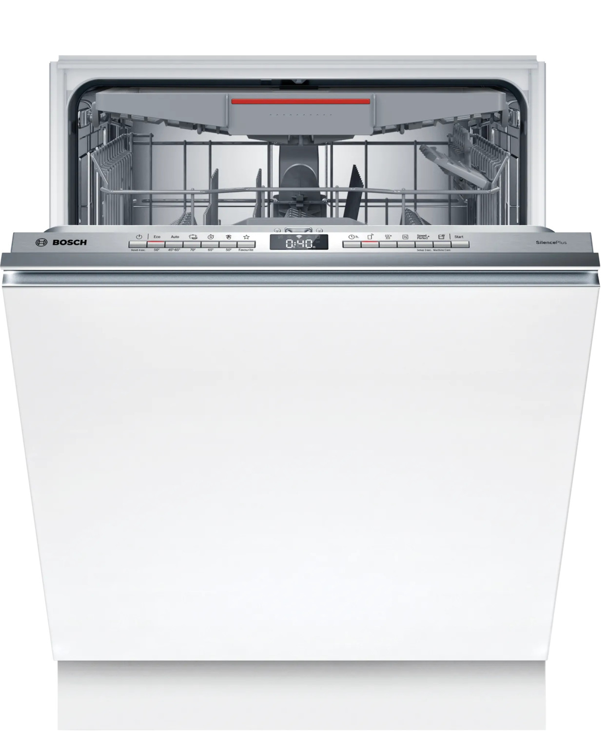 Lavastoviglie Bosch bianco aperta con pannello comandi argento e display digitale.