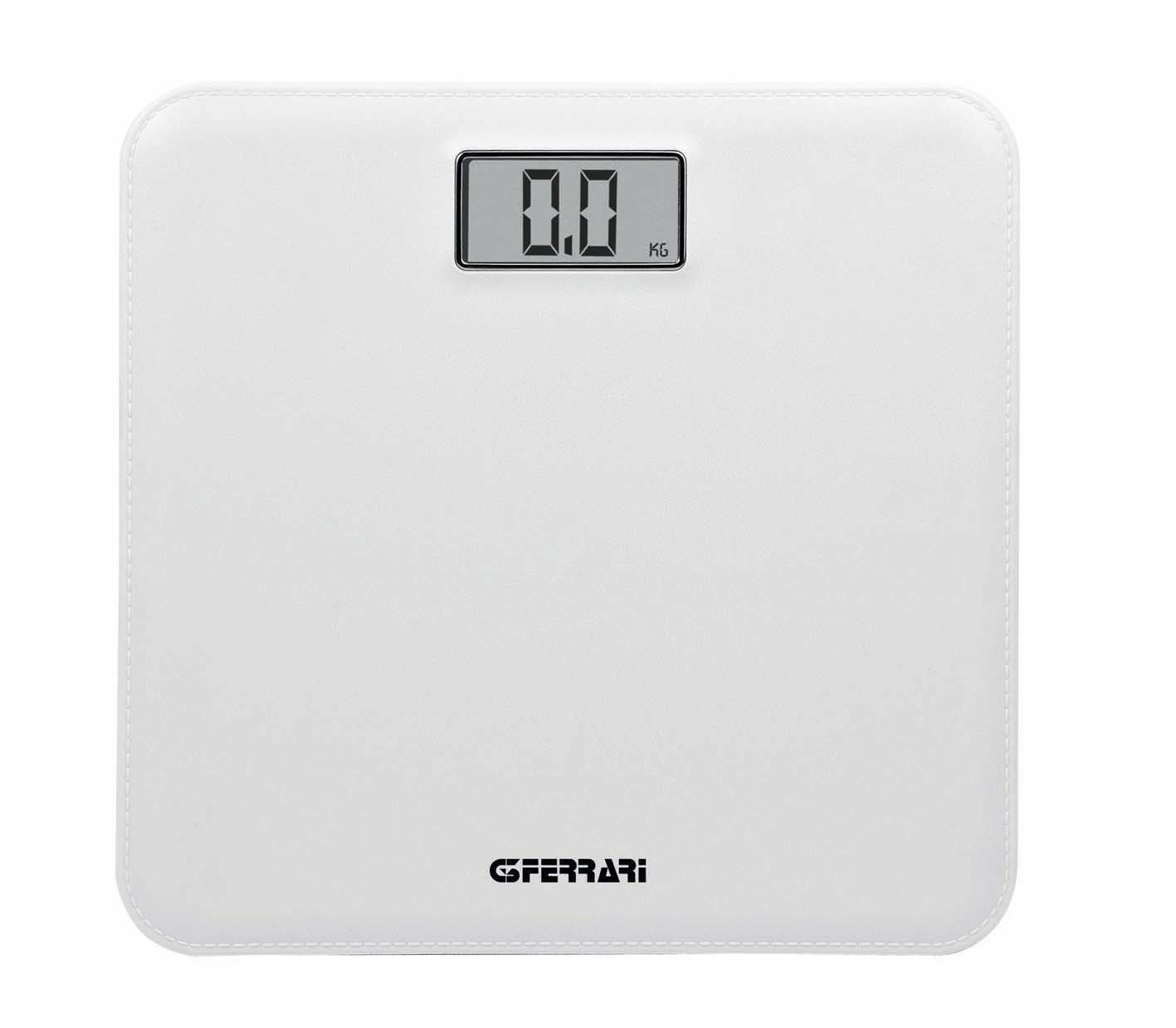 Bilancia digitale bianca con display nero che mostra 0,0 kg.