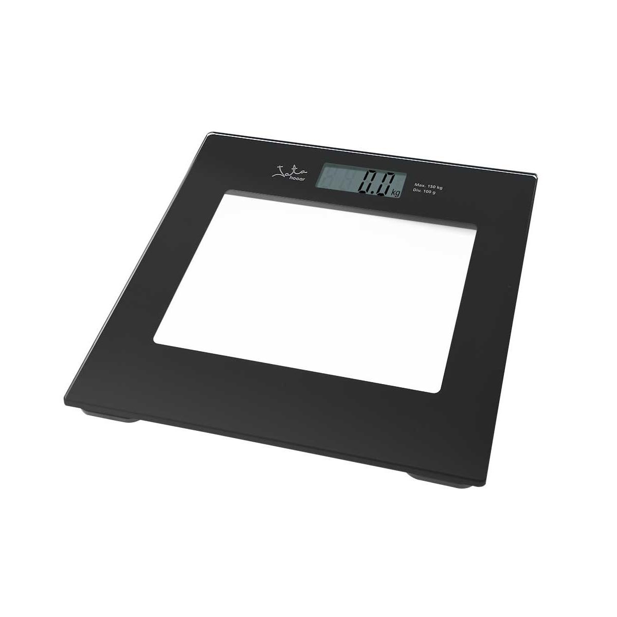 Balanza digital negra con pantalla blanca que muestra 0,0 kg.