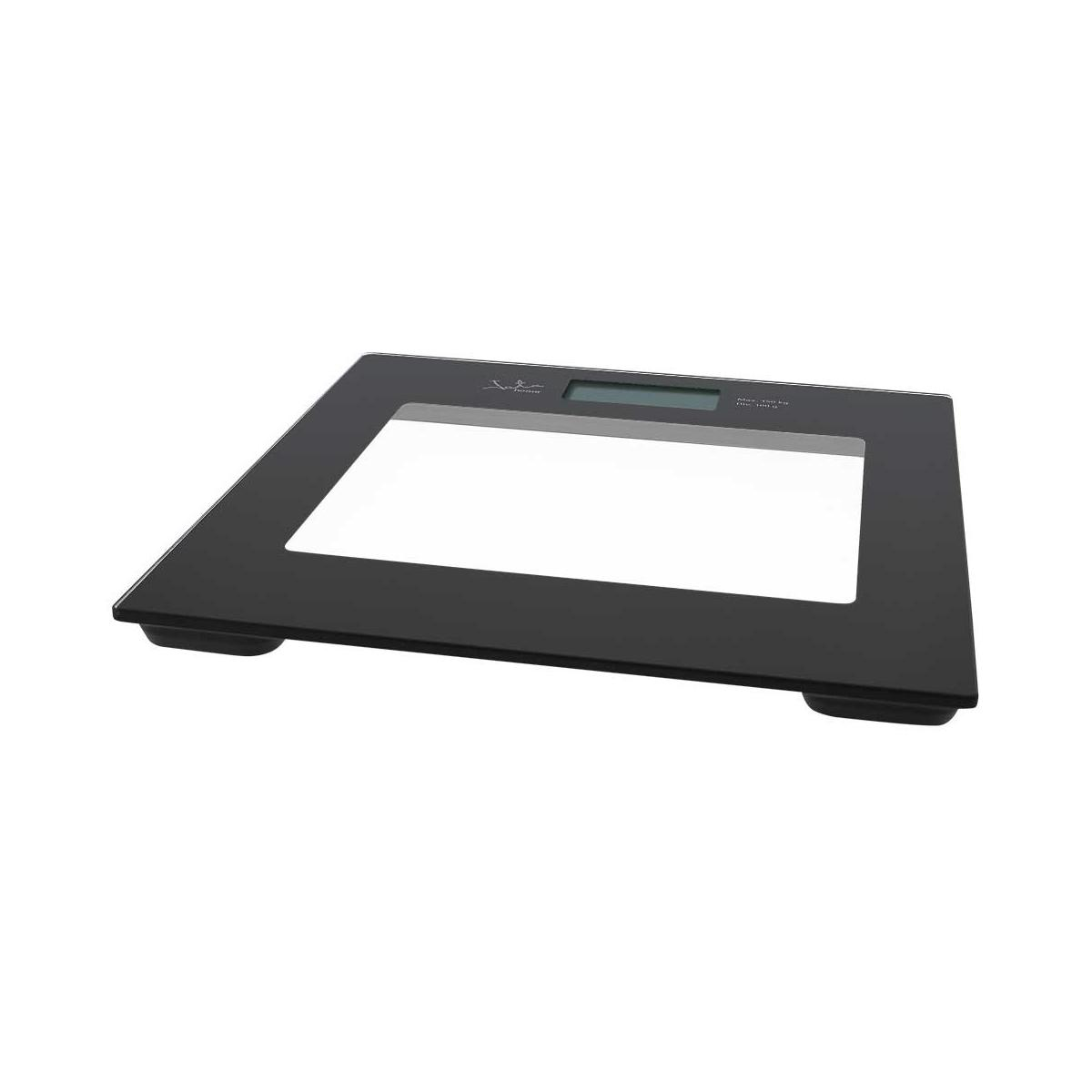 Balanza digital negra con ventana rectangular y pantalla LCD.
