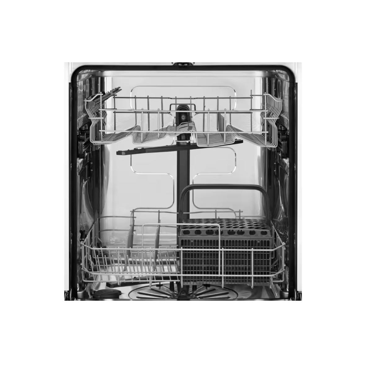 Interior view of a dishwasher with racks, spray arms, and cutlery basket.