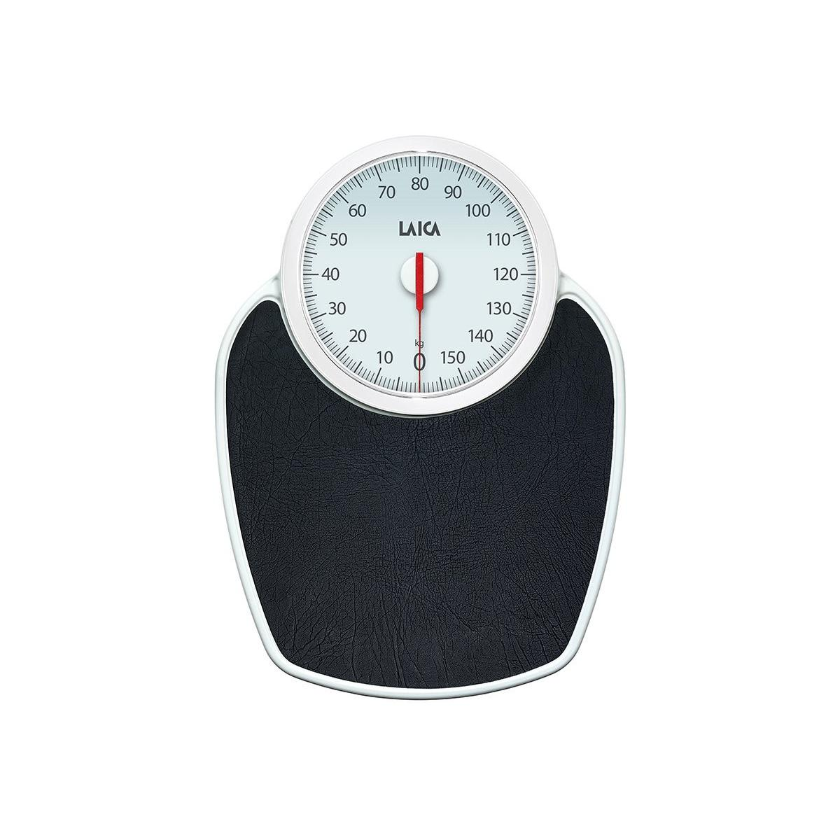 Eine weiße Personenwaage mit schwarzer Trittfläche und analoger Anzeige bis 150 kg.