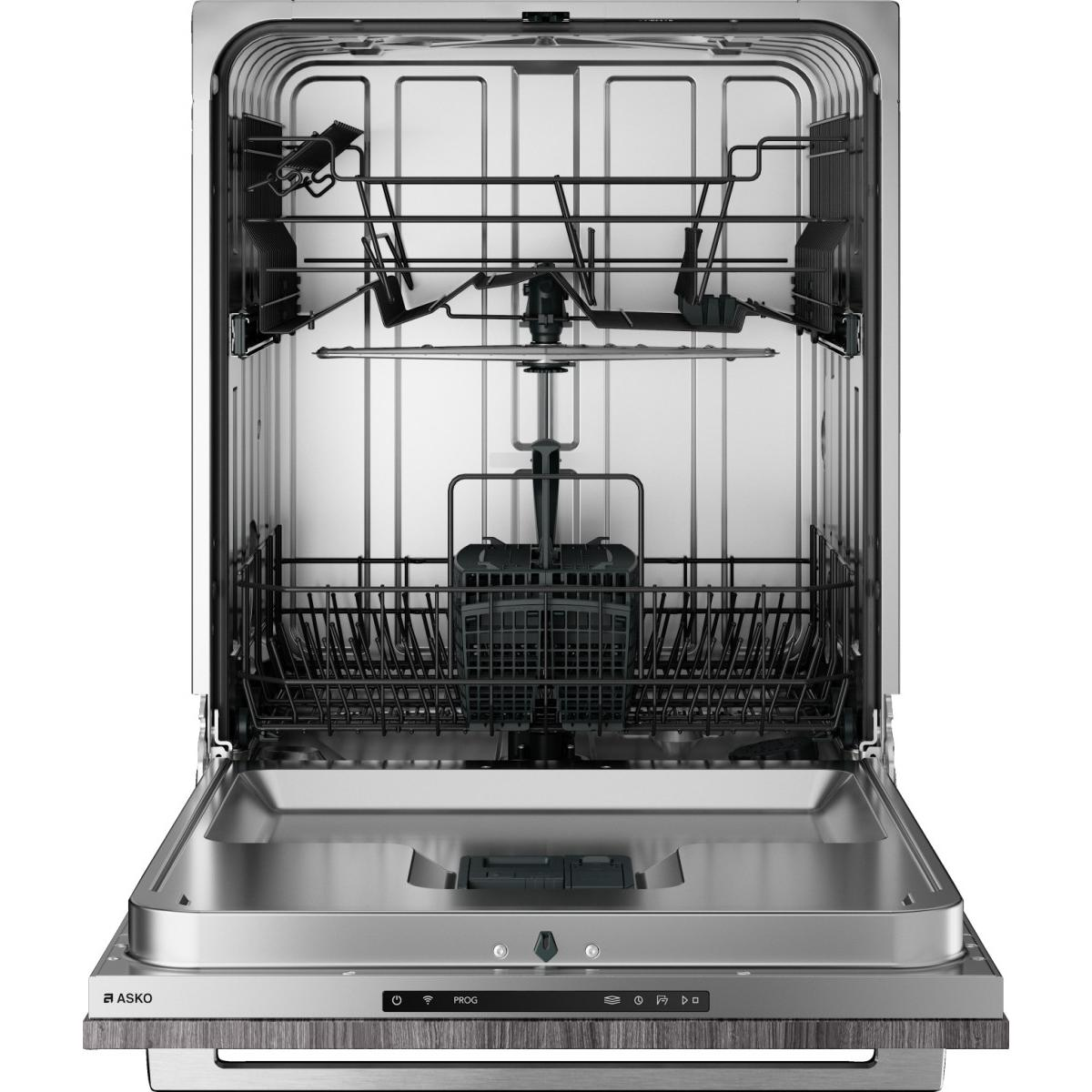 Una lavastoviglie aperta in acciaio inox con due cestelli e bracci irroratori.