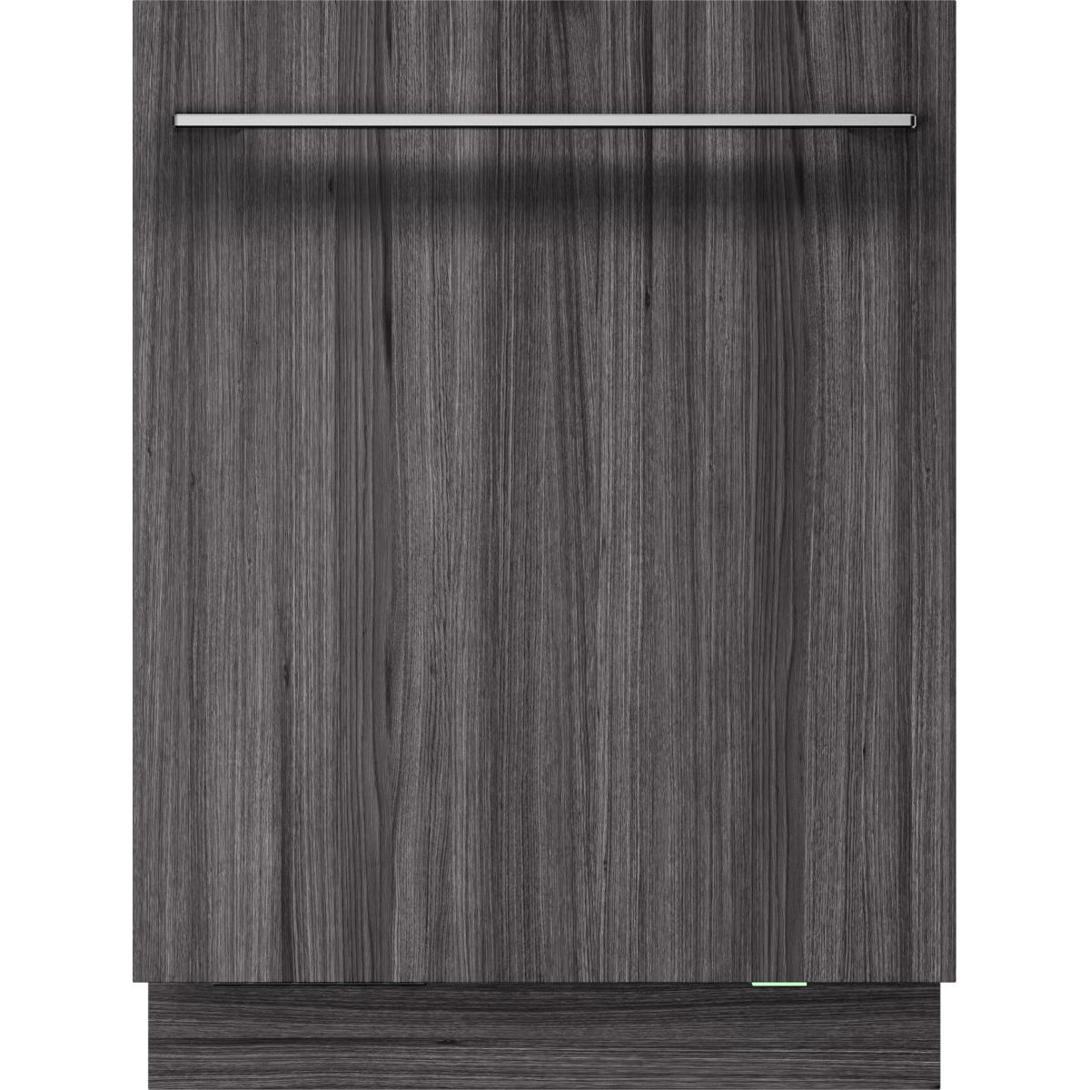 Venatura legno grigio scuro con maniglia argentata in alto.