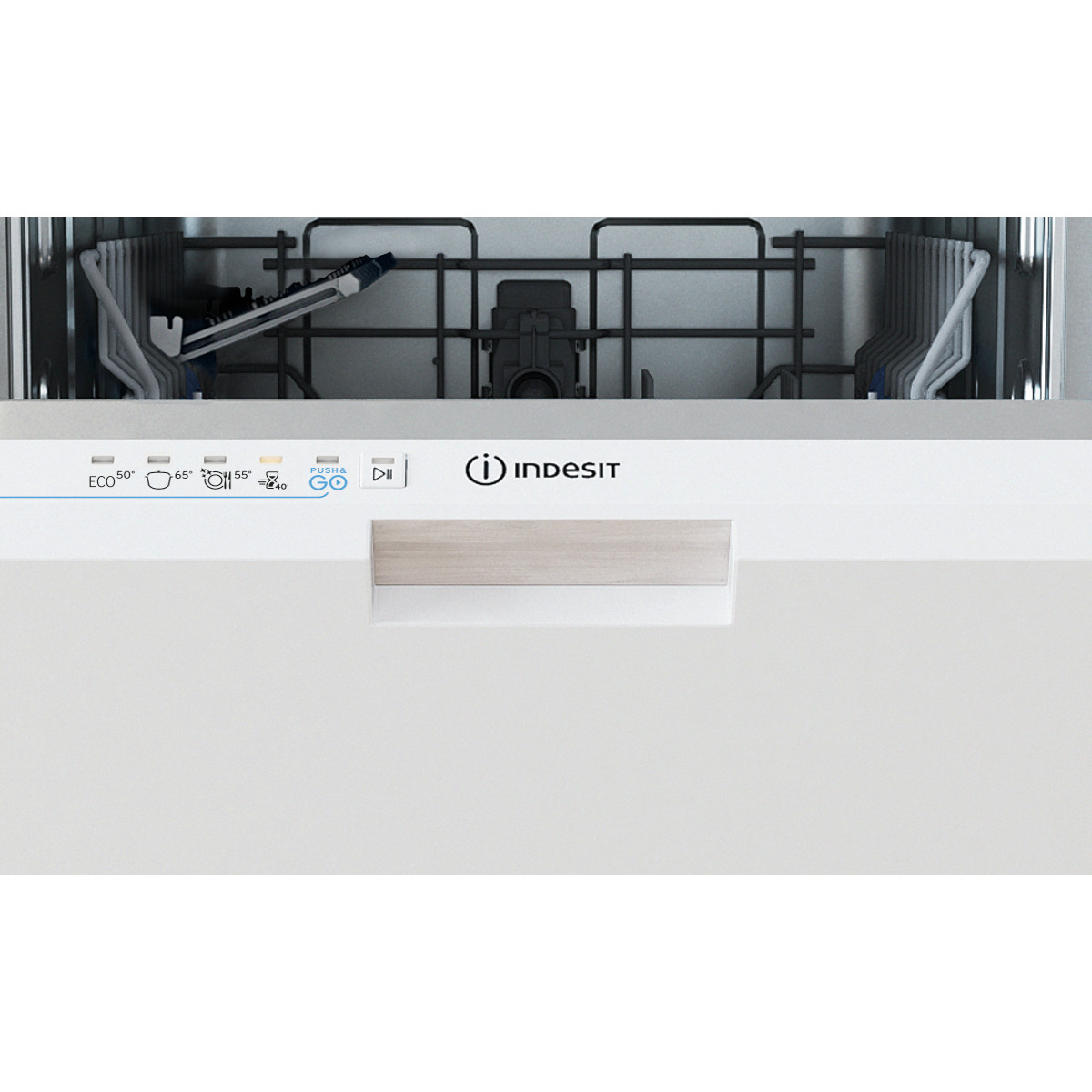 Pannello di controllo lavastoviglie con icone programma e logo Indesit.