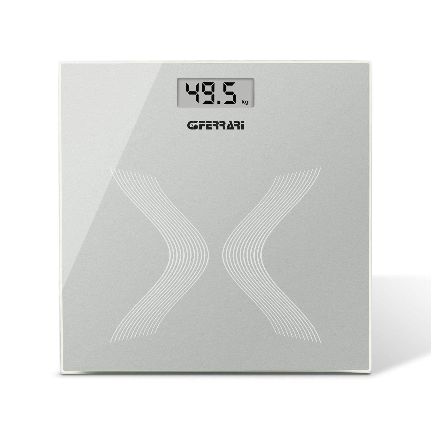 Graue Personenwaage mit digitaler Anzeige von 49,5 kg und dekorativen Linien.