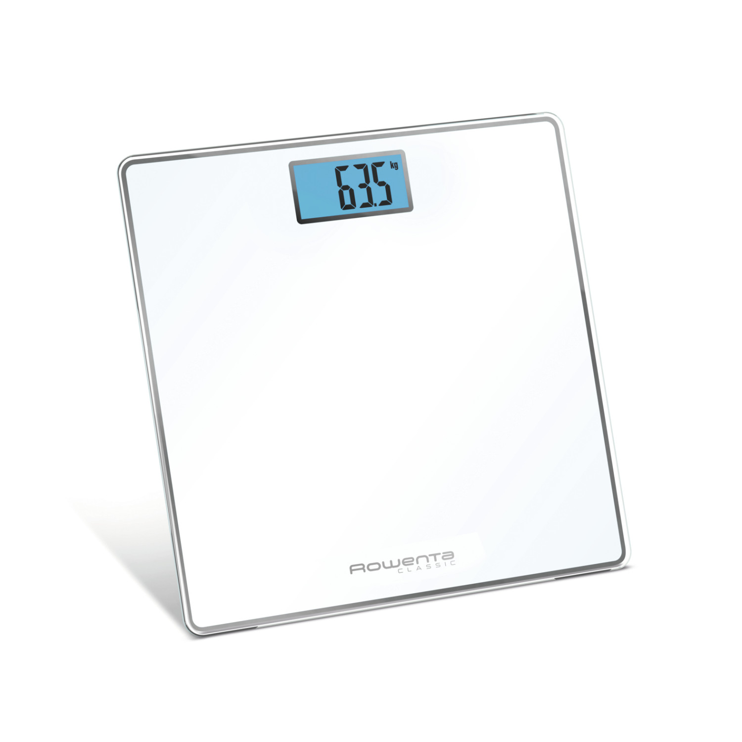 Una bilancia pesapersone digitale bianca con display blu che mostra 63,5 kg.