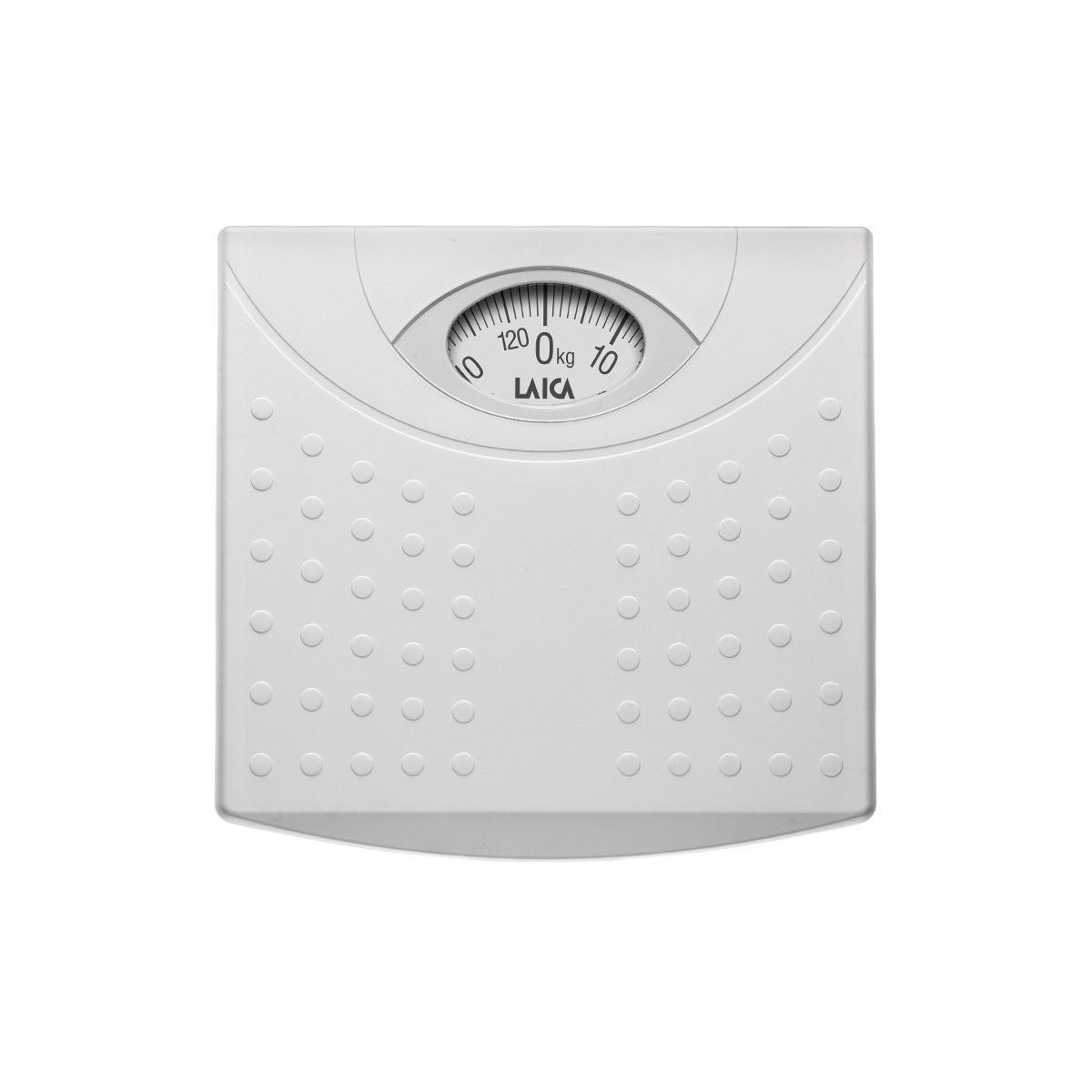 Una bilancia da bagno analogica bianca che mostra 0 kg.